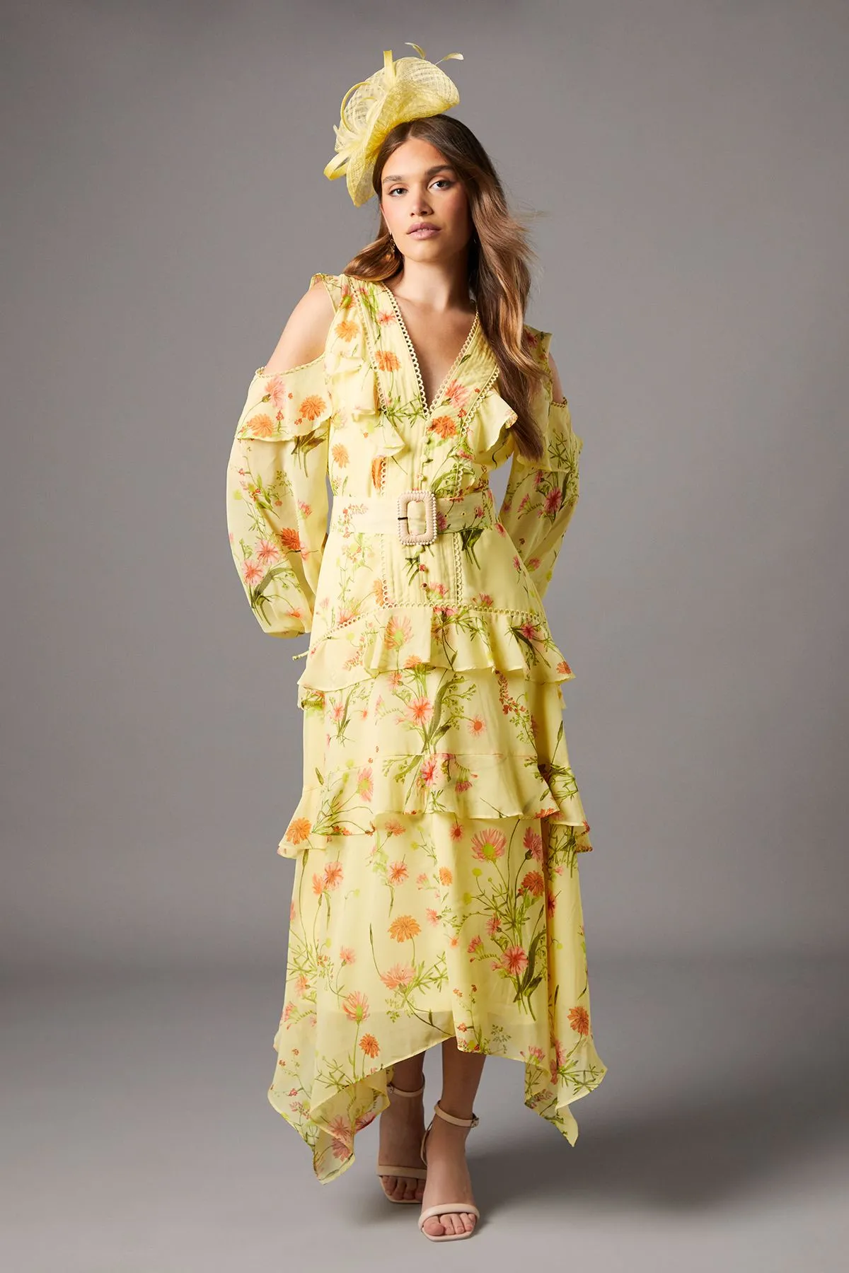 Cut Out Ruffle Belted Midi Dress