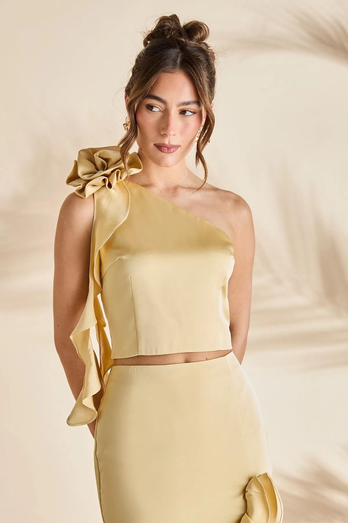 One Shoulder Satin Corsage Top