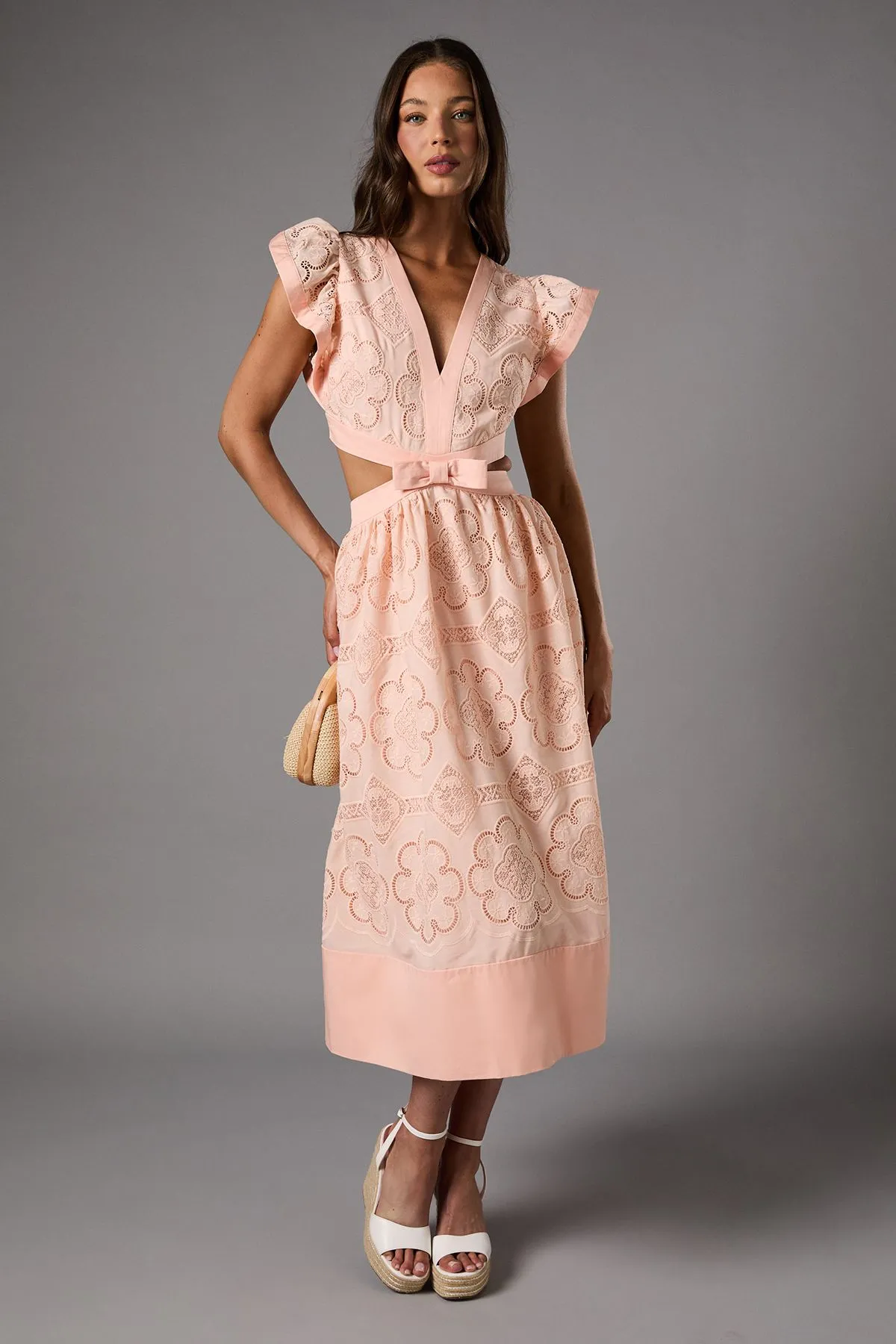 V Neck Cut Out Lace Midi Dress