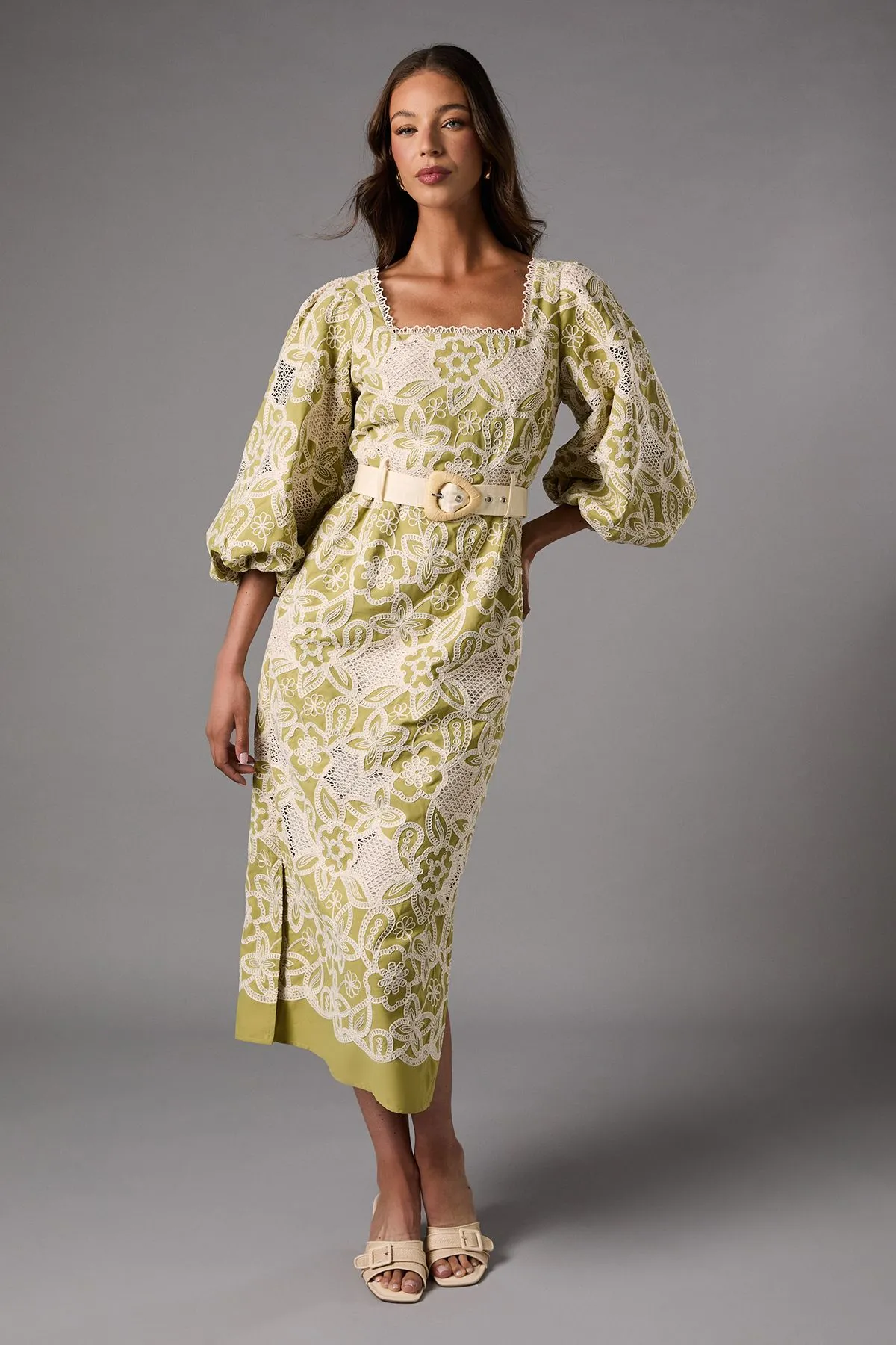Blouson Sleeve Belted Lace Midi Dress