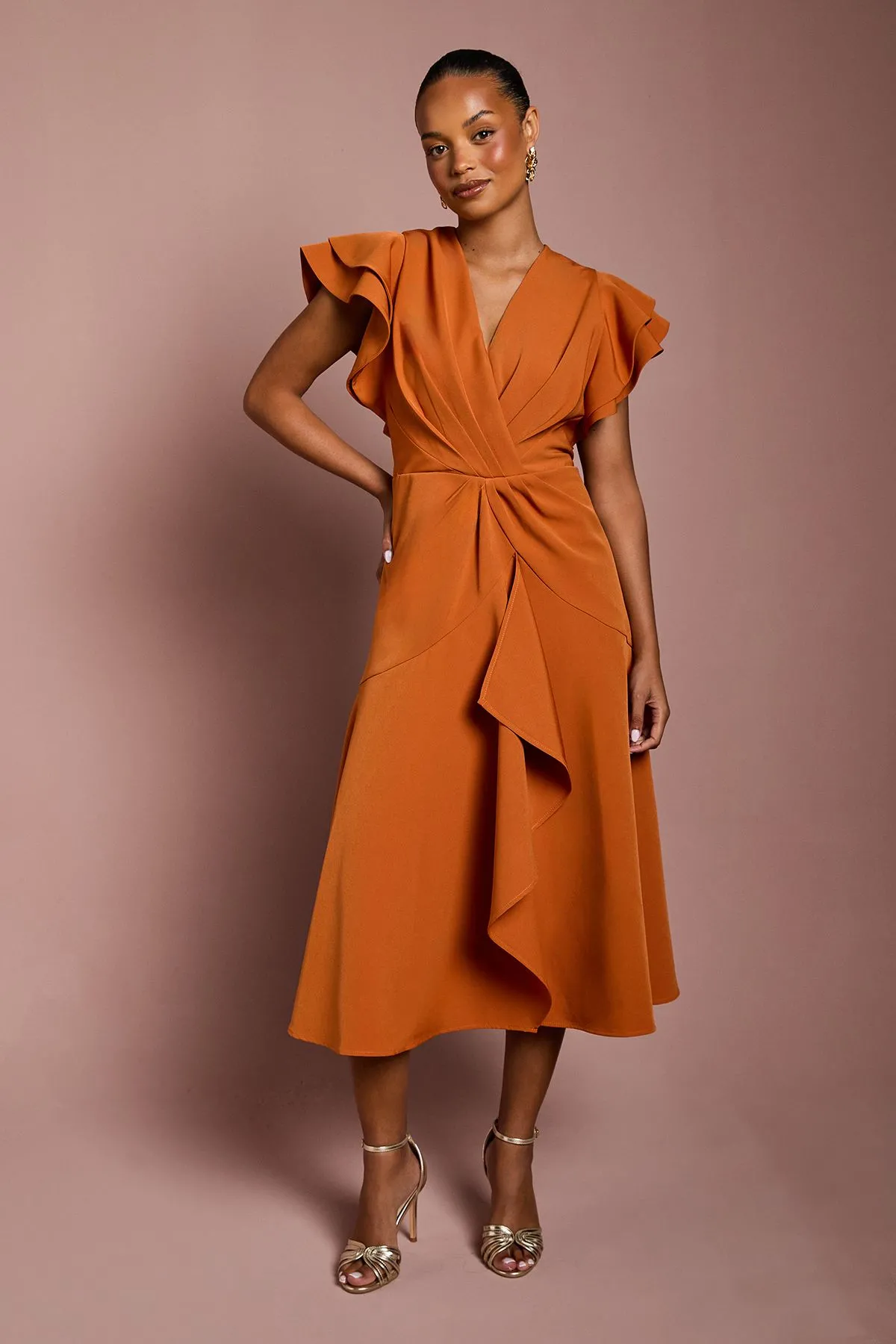 Petite Short Sleeve V Neck Wrap Front Midi Dress