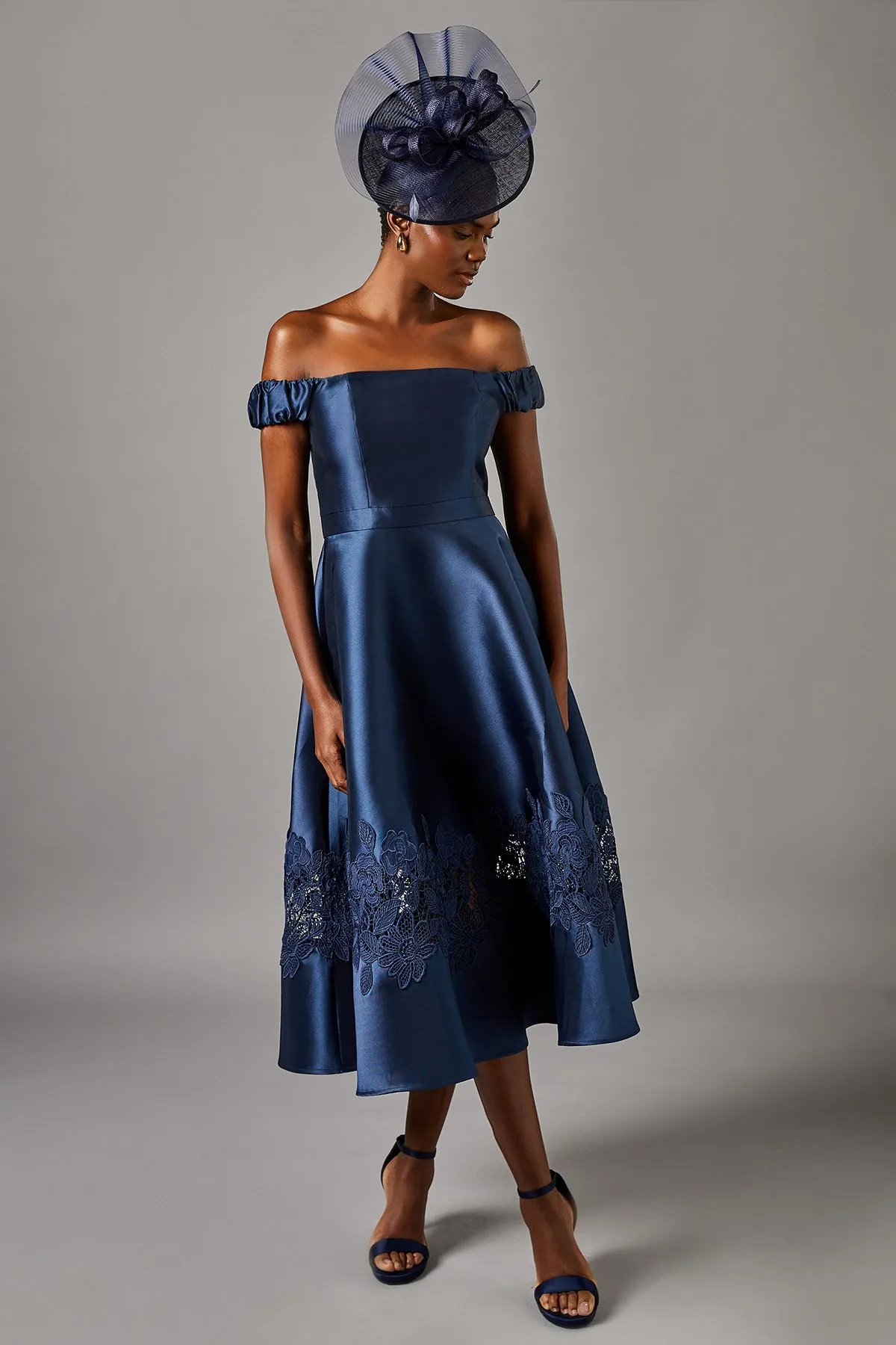 Bardot Twill Midi Dress With Lace Trim