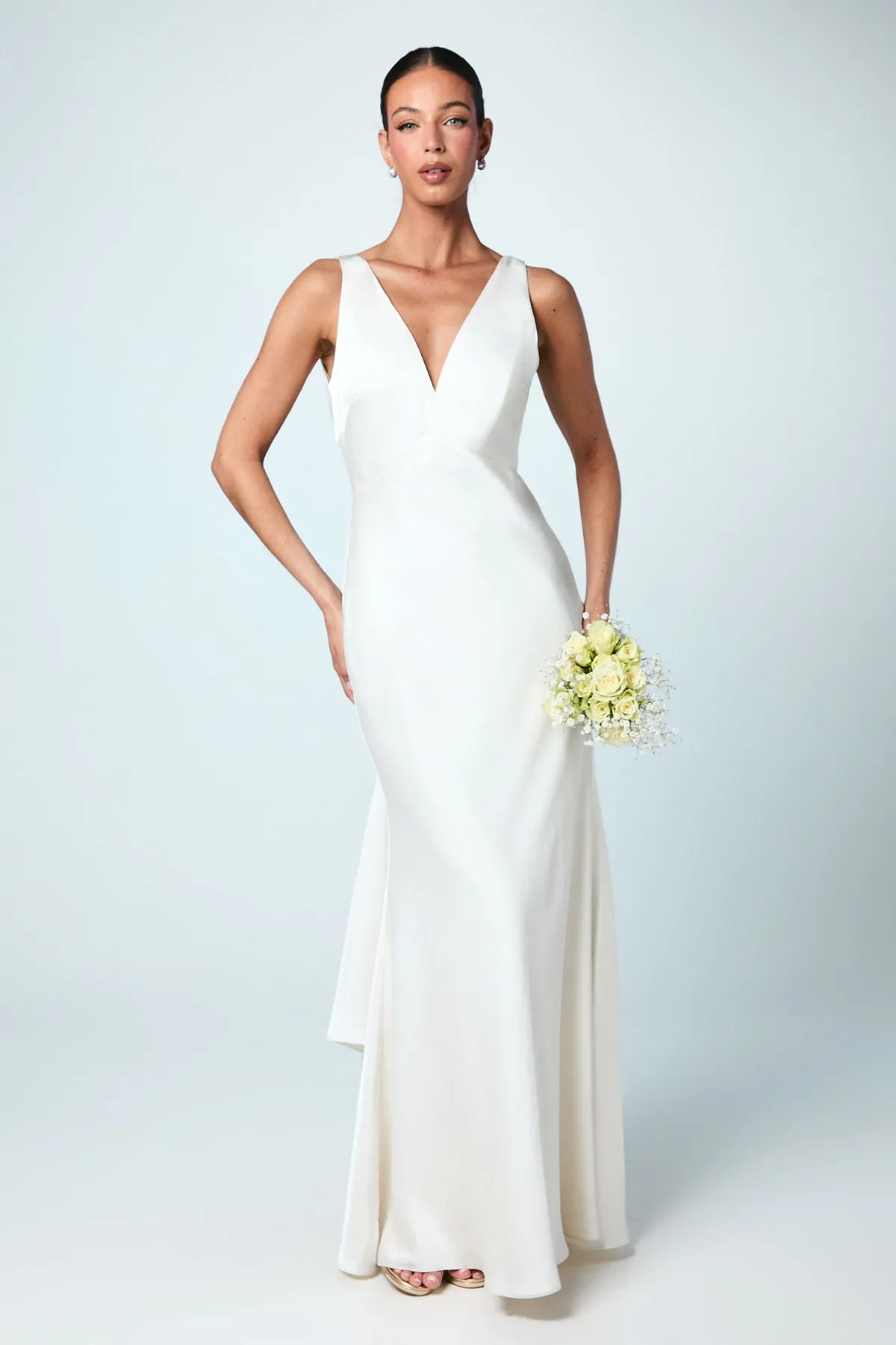 Satin V Neck Maxi Bridemaid Dress with Back Sash Detail