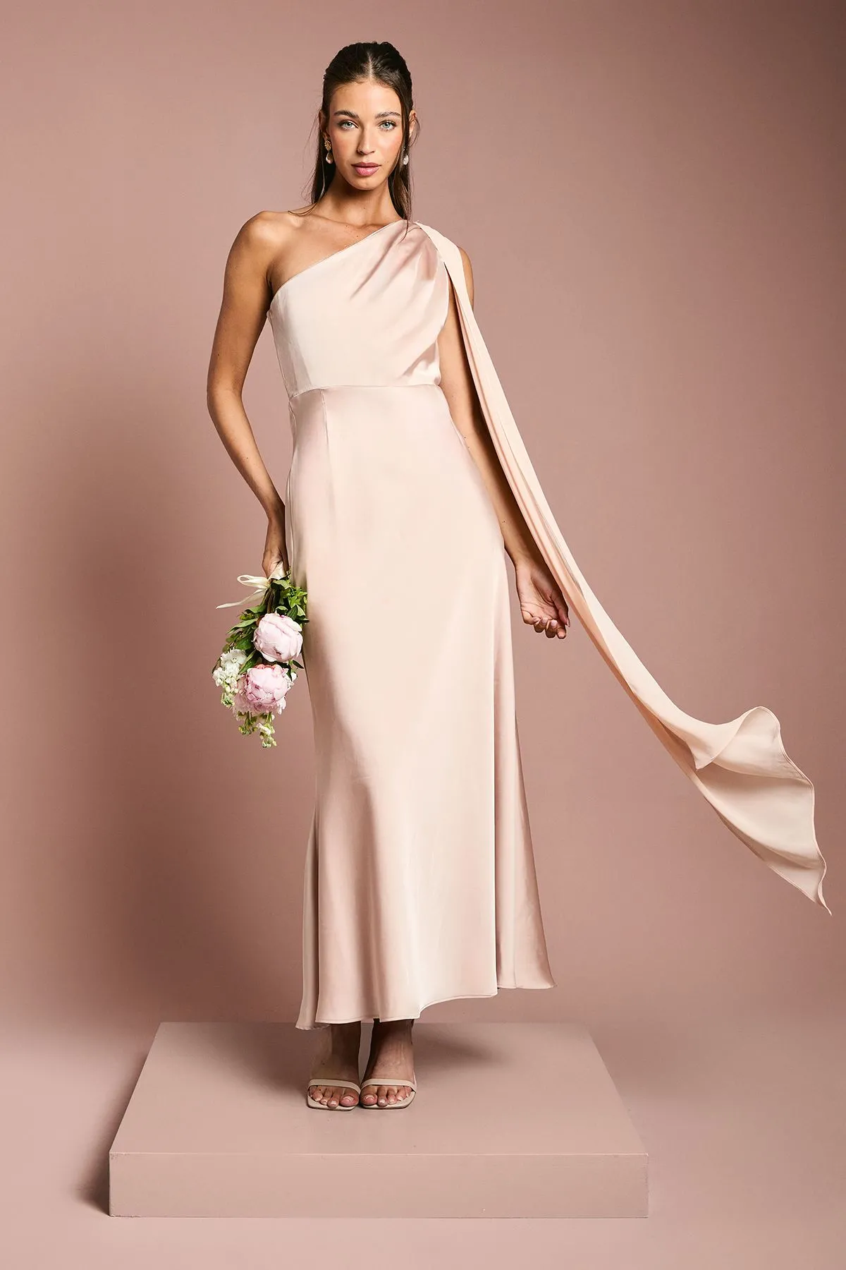Satin One Shoulder Bridesmaid Dress with Chiffon Drape