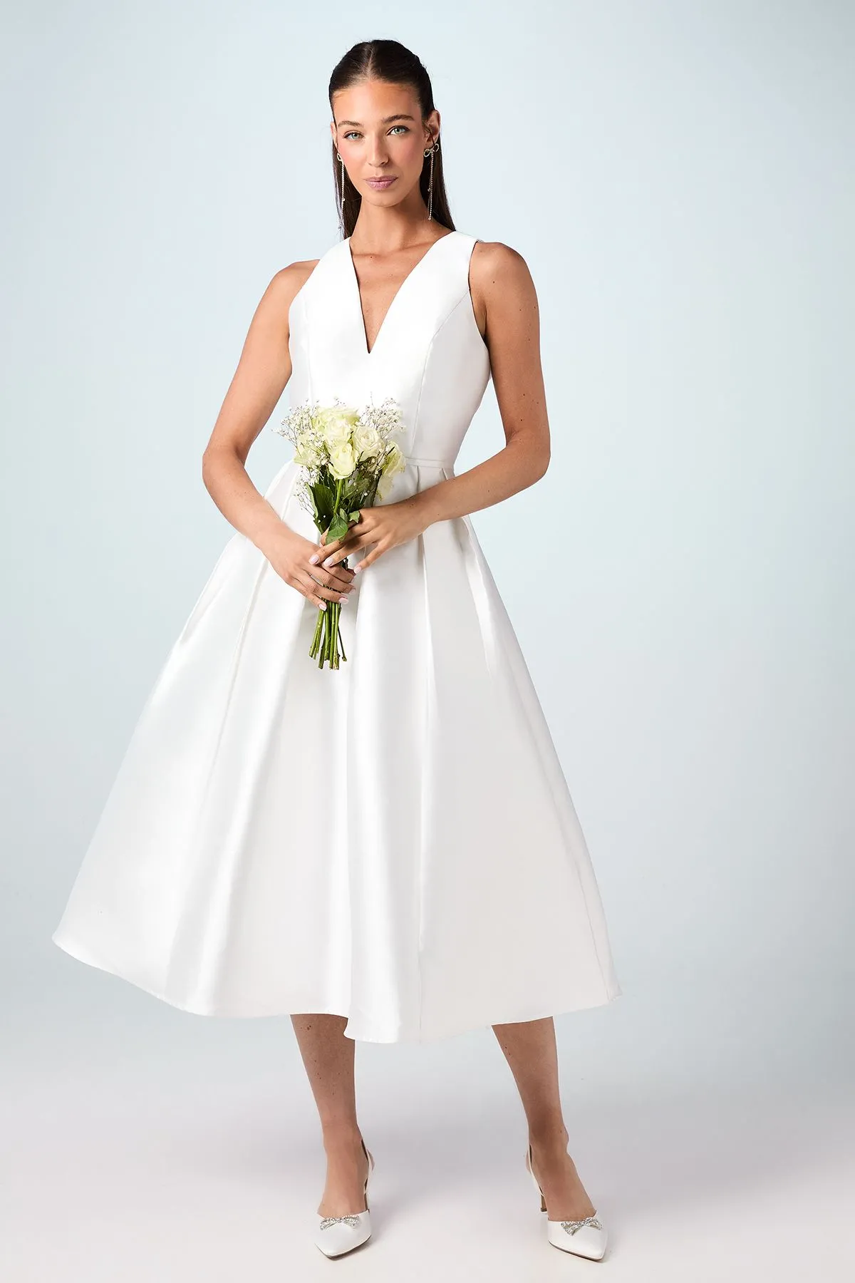 Plunge Neck Bow Waist Midi Wedding Dress With Pockets