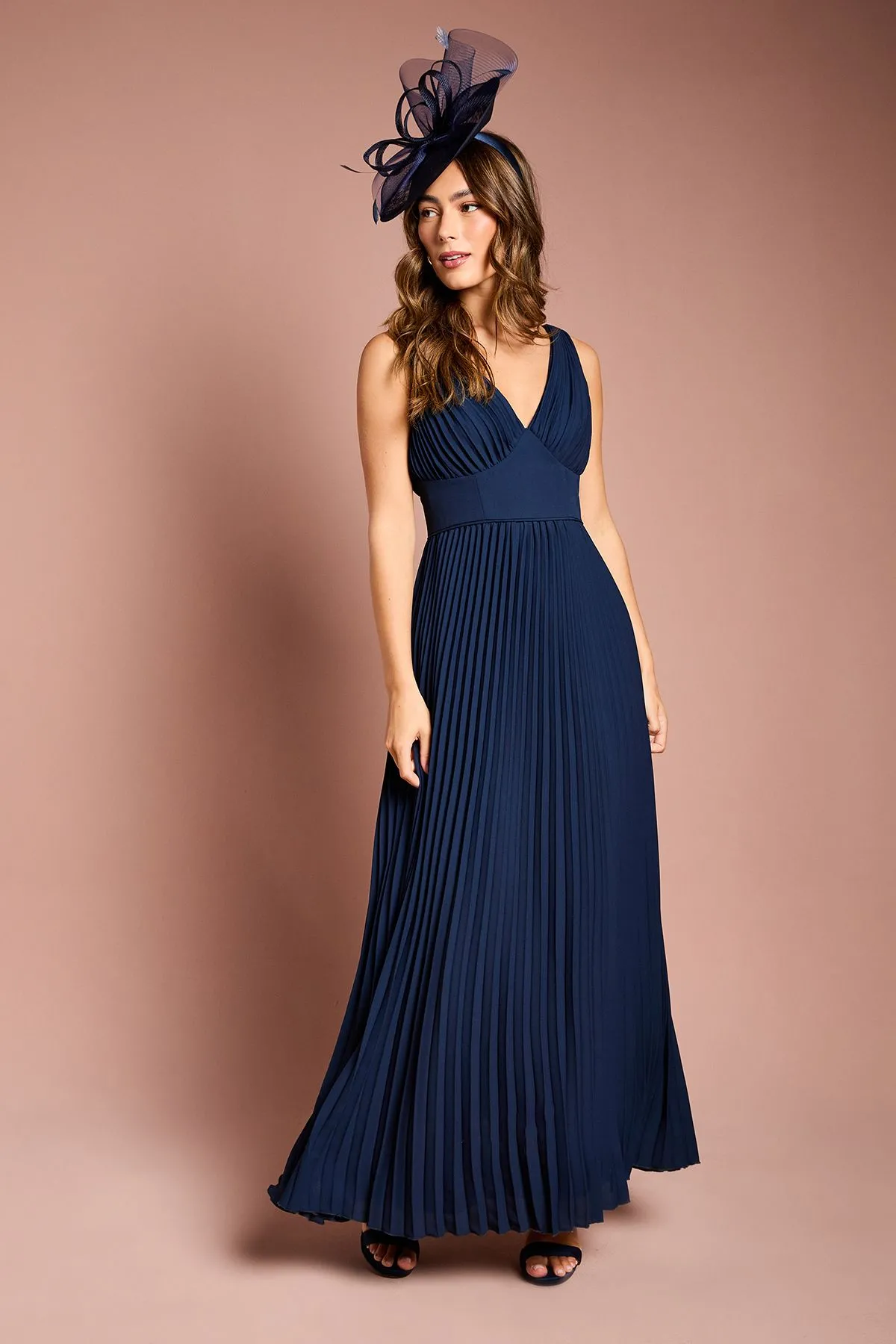 Pleated Plunge Neck Midi Dress