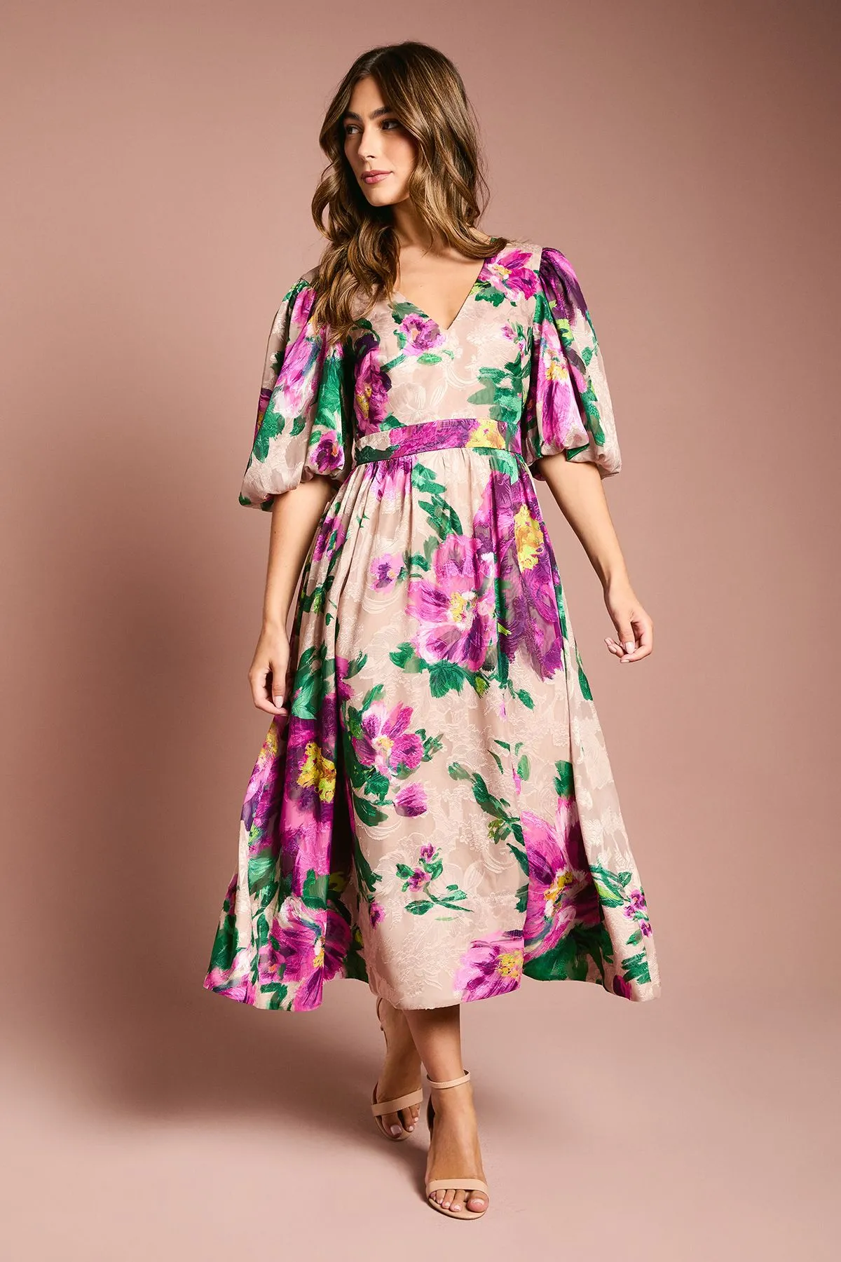 Printed Puff Sleeve Bow Detail Jacquard Midi Dress