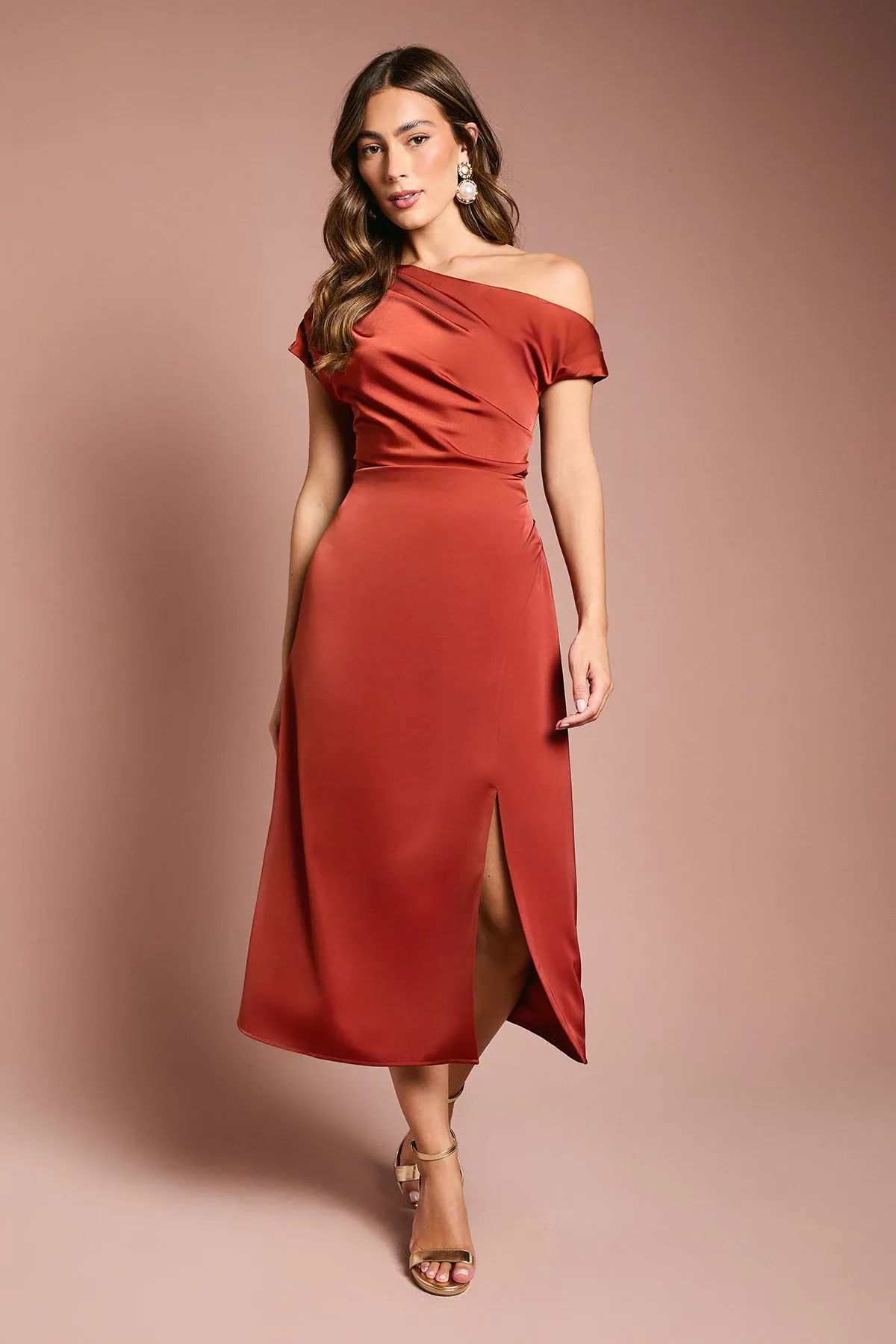 Off Shoulder Satin Side Tie Midi Dress