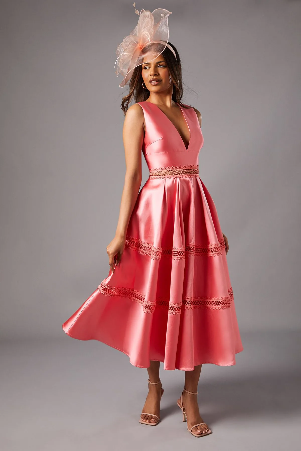 Petite Plunge Neck Twill Midi Dress With Lace Trims