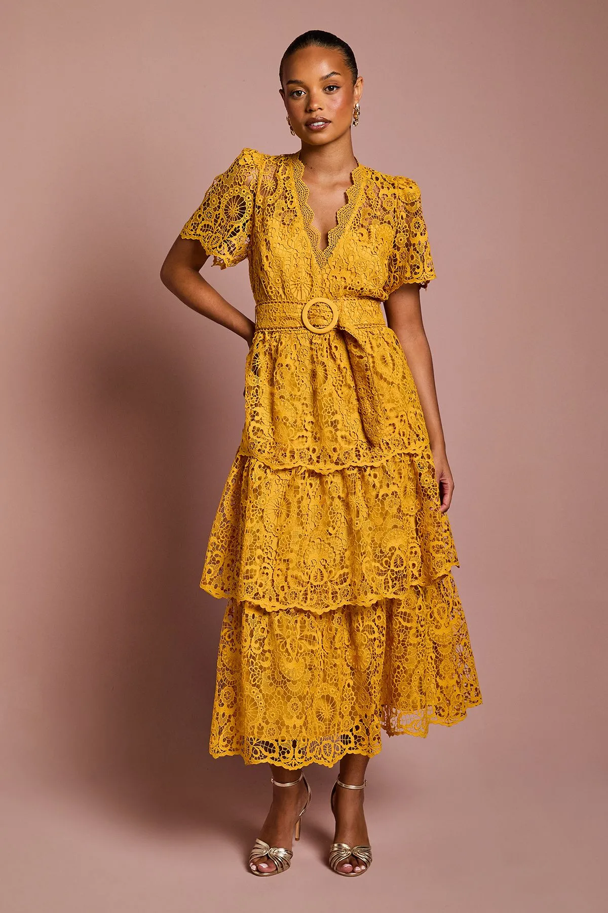 Petite Short Sleeve V Neck Tiered Lace Midi Dress