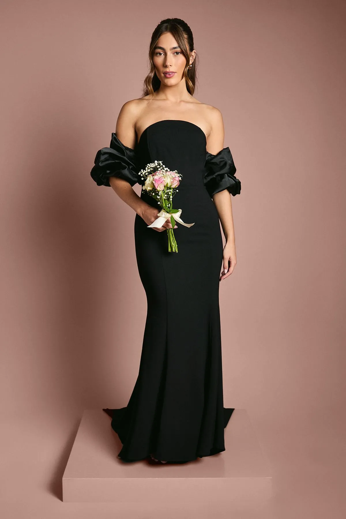 Puff Sleeve Bardot Fishtail Maxi Dress