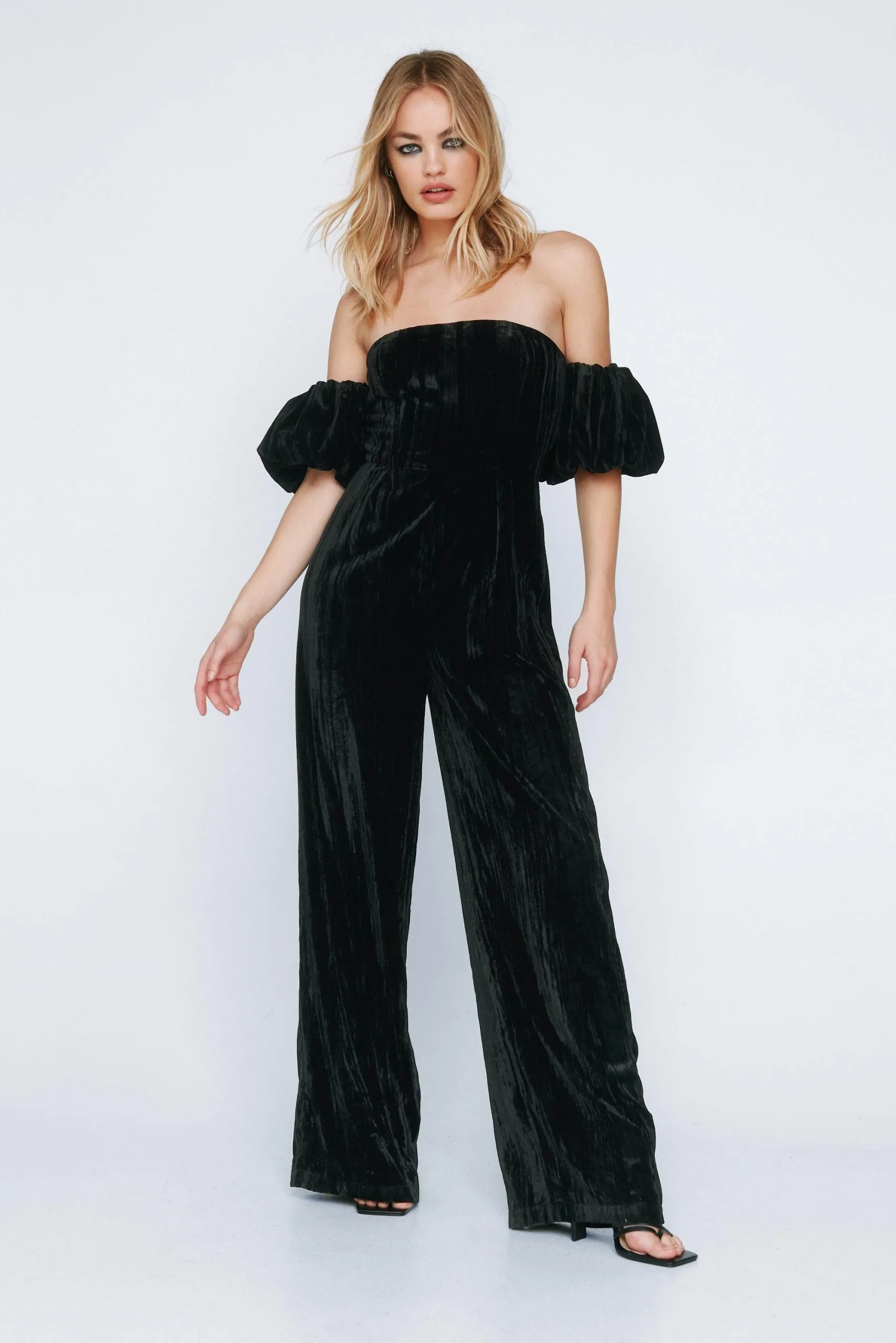 Velvet Ruched Sleeve Jumpsuit