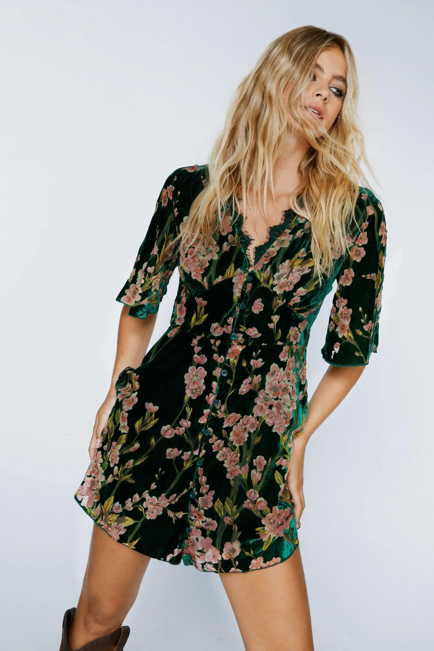Devore Floral Lace Trim Mini Dress