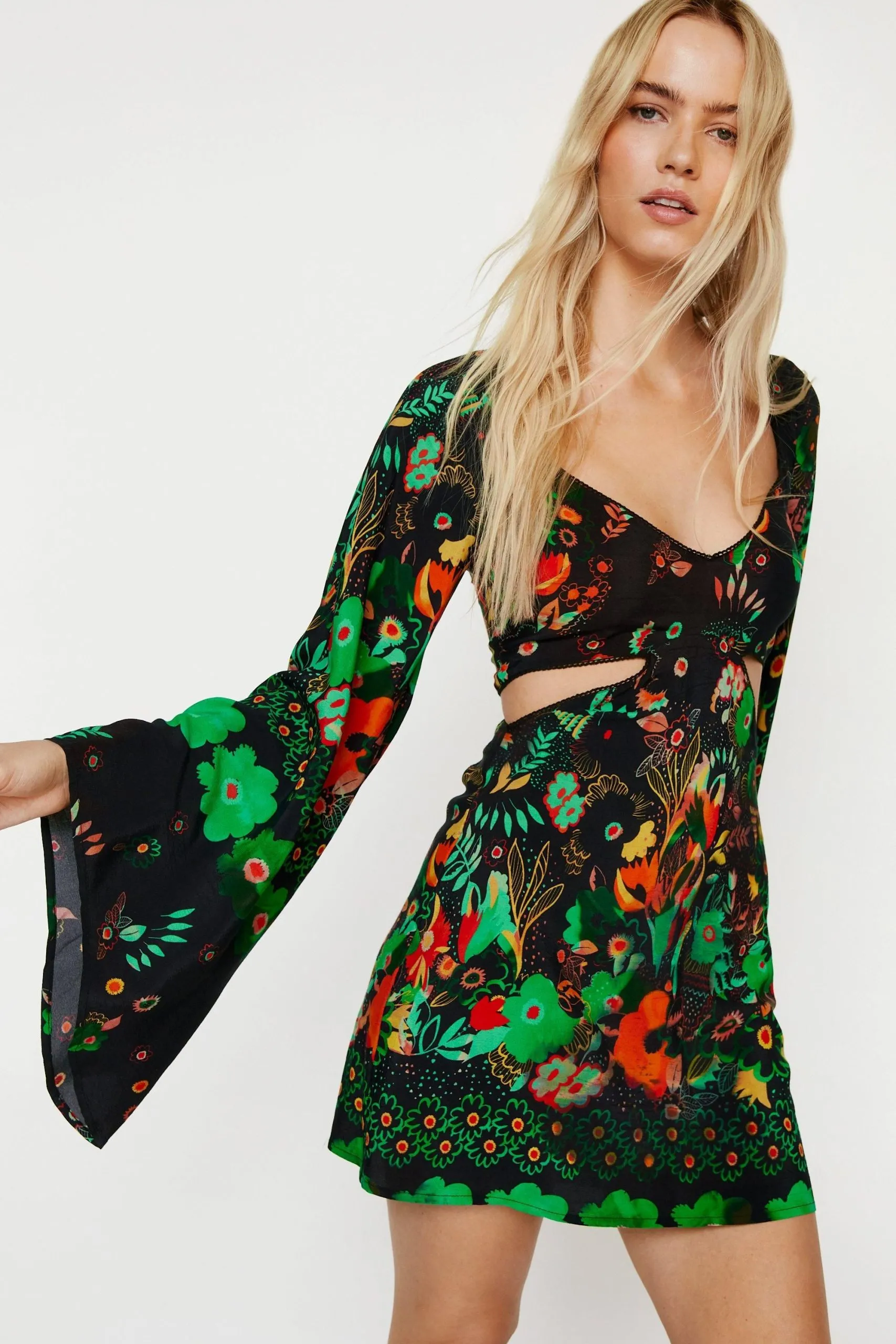Floral Printed Cut Out Mini Dress