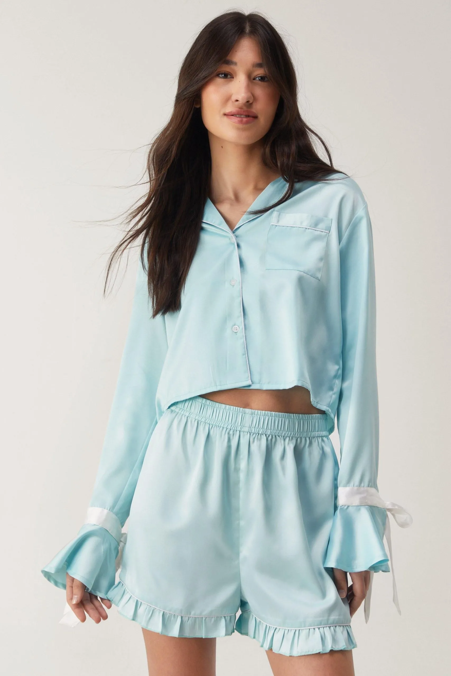 Satin Contrast Piping Tie Sleeve Ruffle Pajama Shorts Set