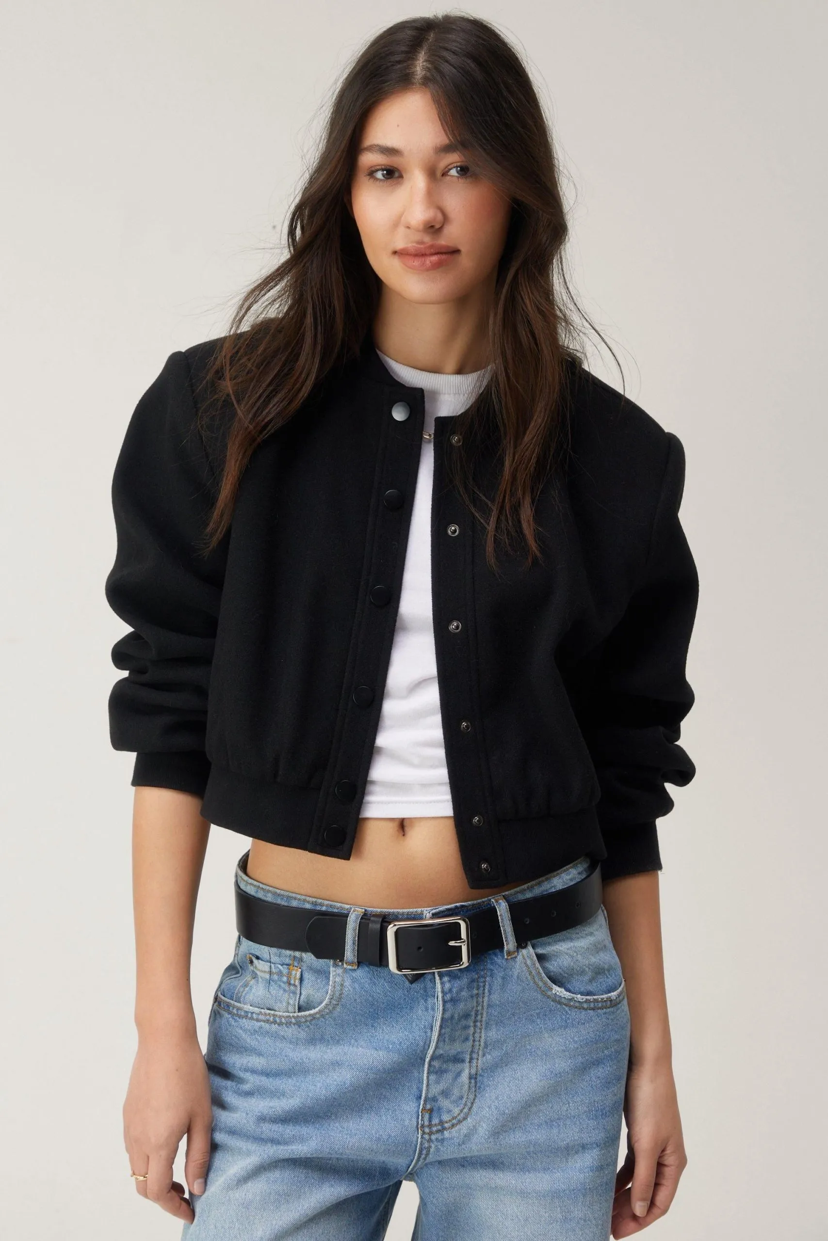 Wool Look Cropped Bomber Jacket