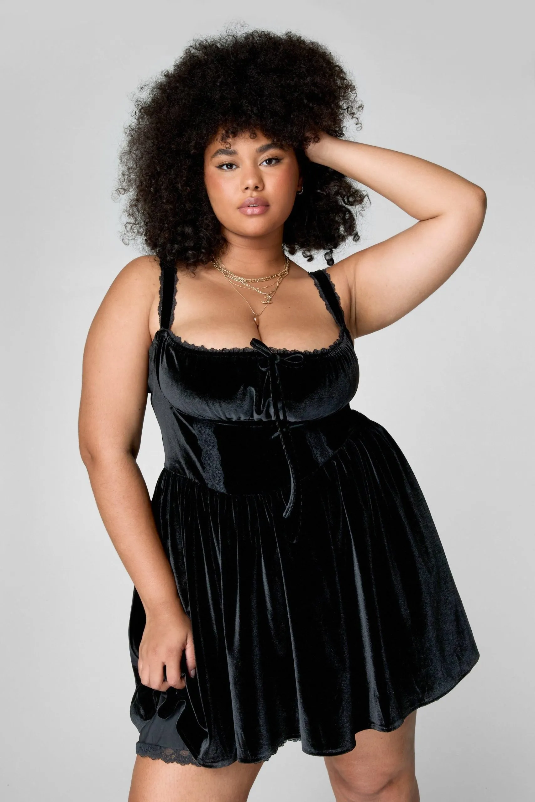 Plus Velvet Lace Trim Corset Skater Dress