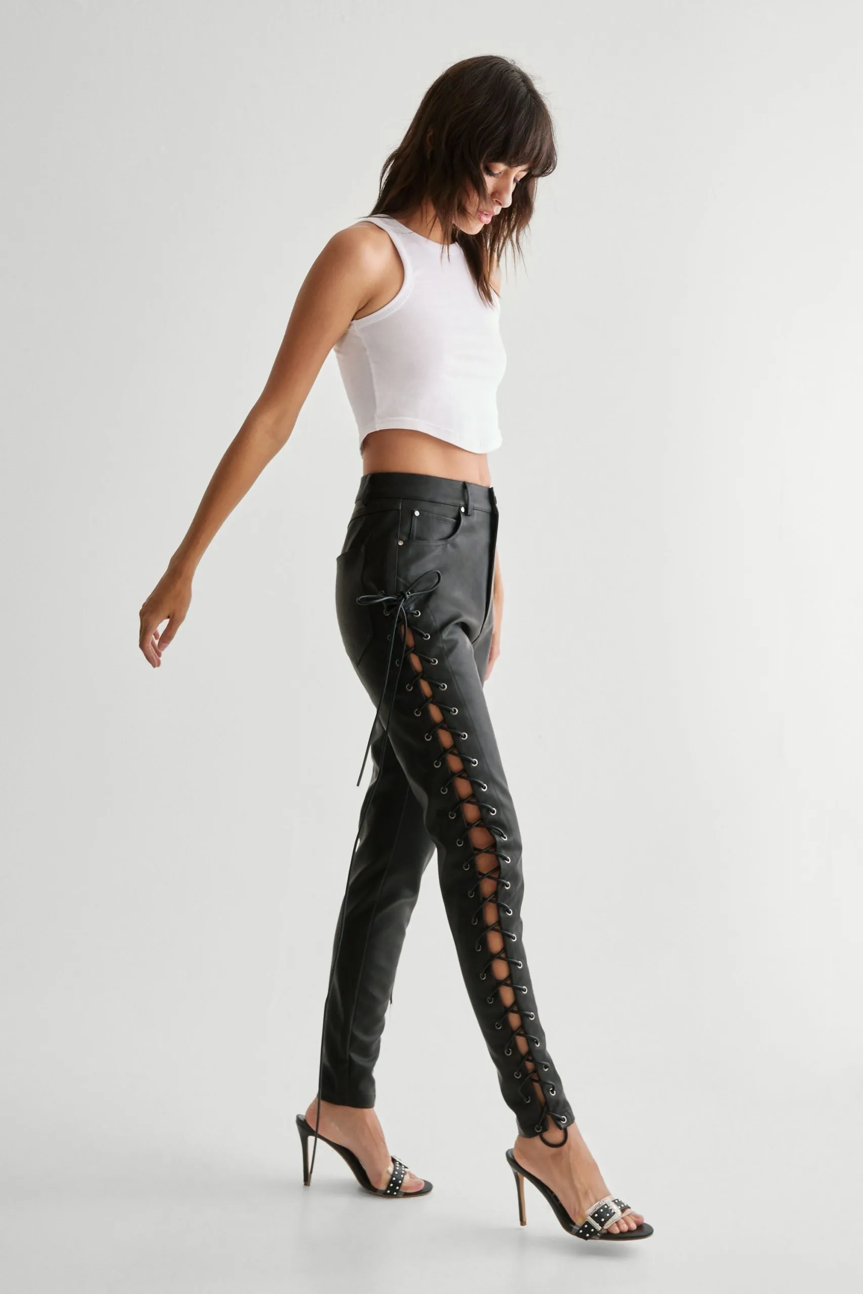 Eyelet Detail Faux Leather Trousers