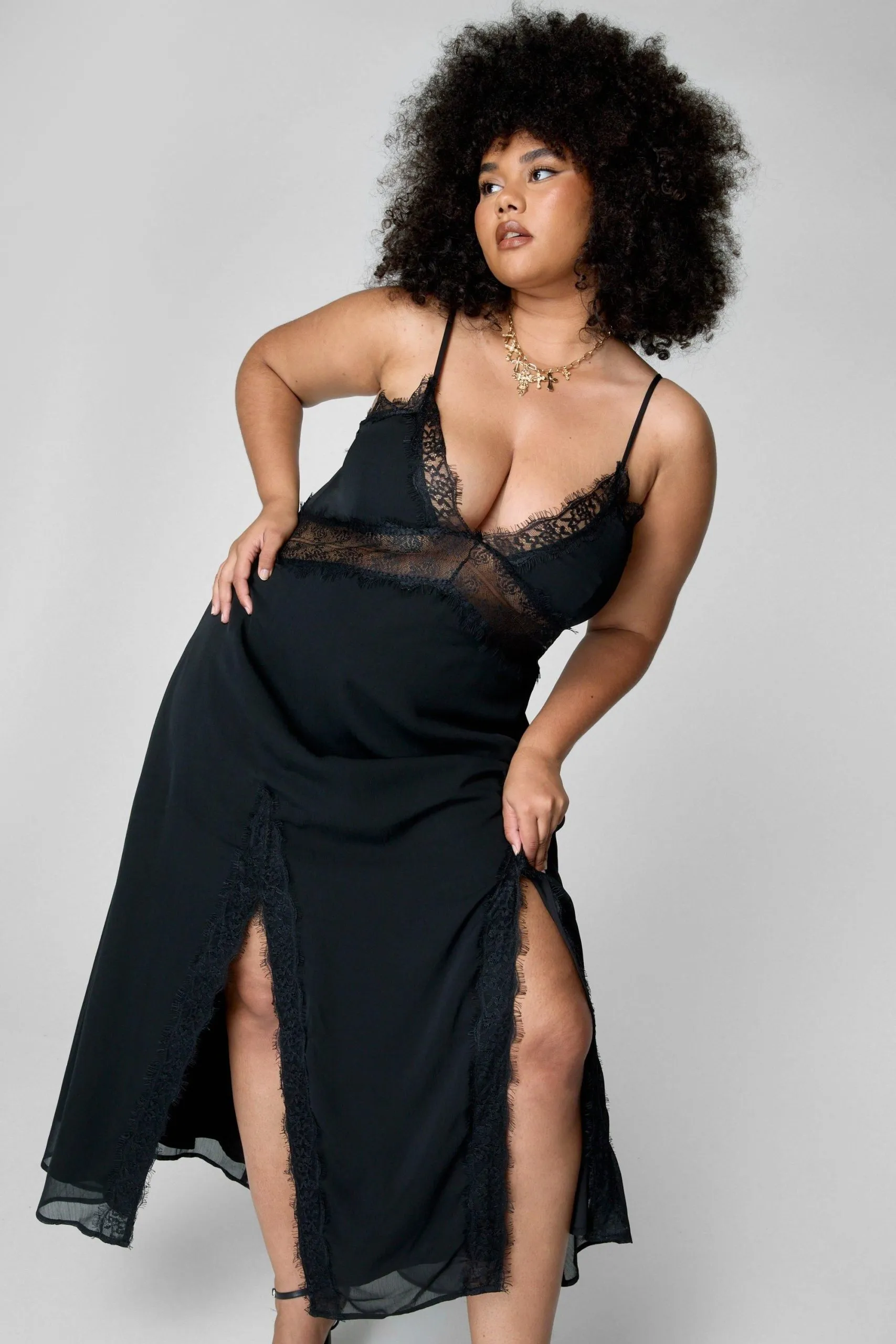 Plus Crinkle Chiffon Lace Insert Double Split Maxi Slip Dress