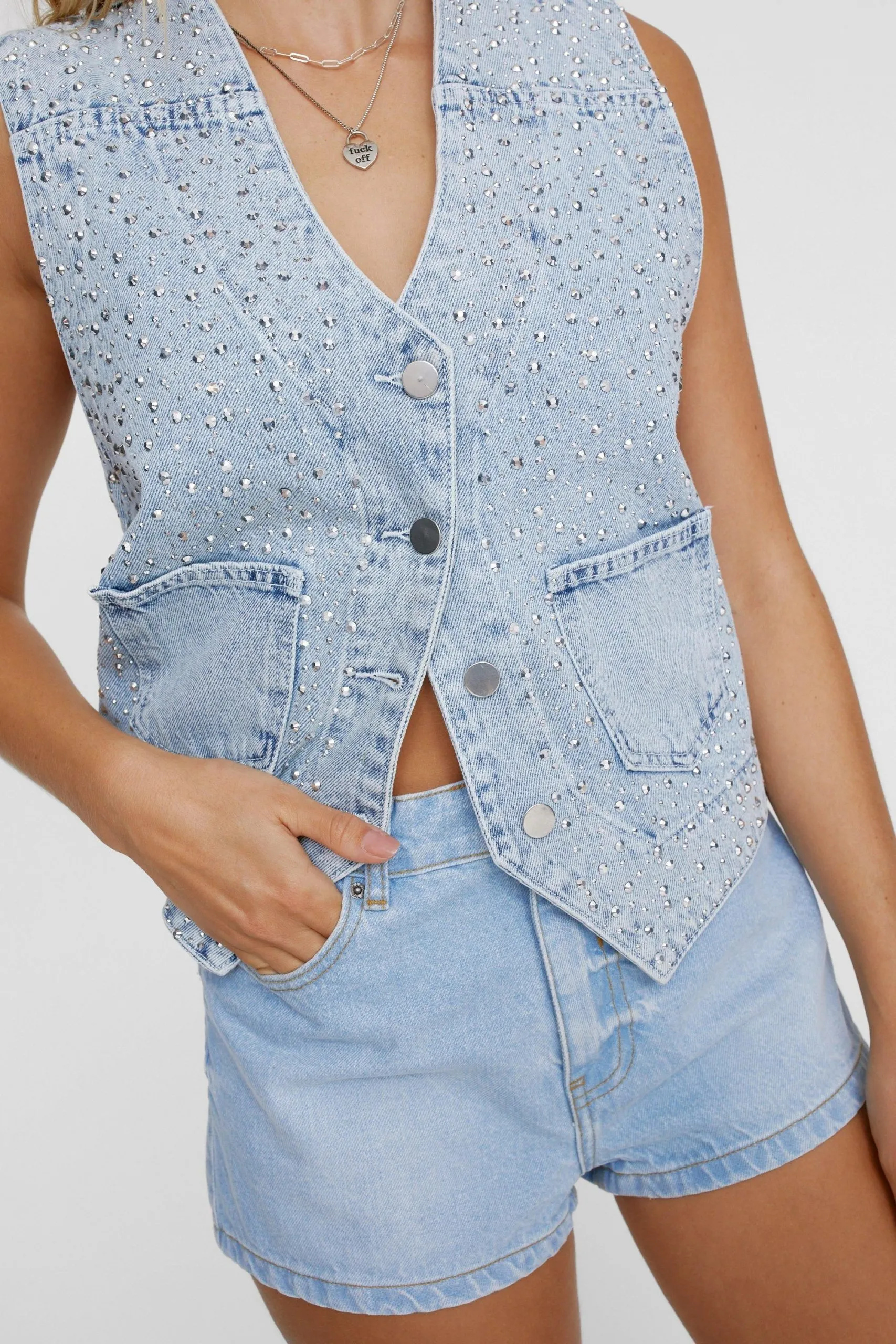 Diamante Embellished Denim Waistcoat