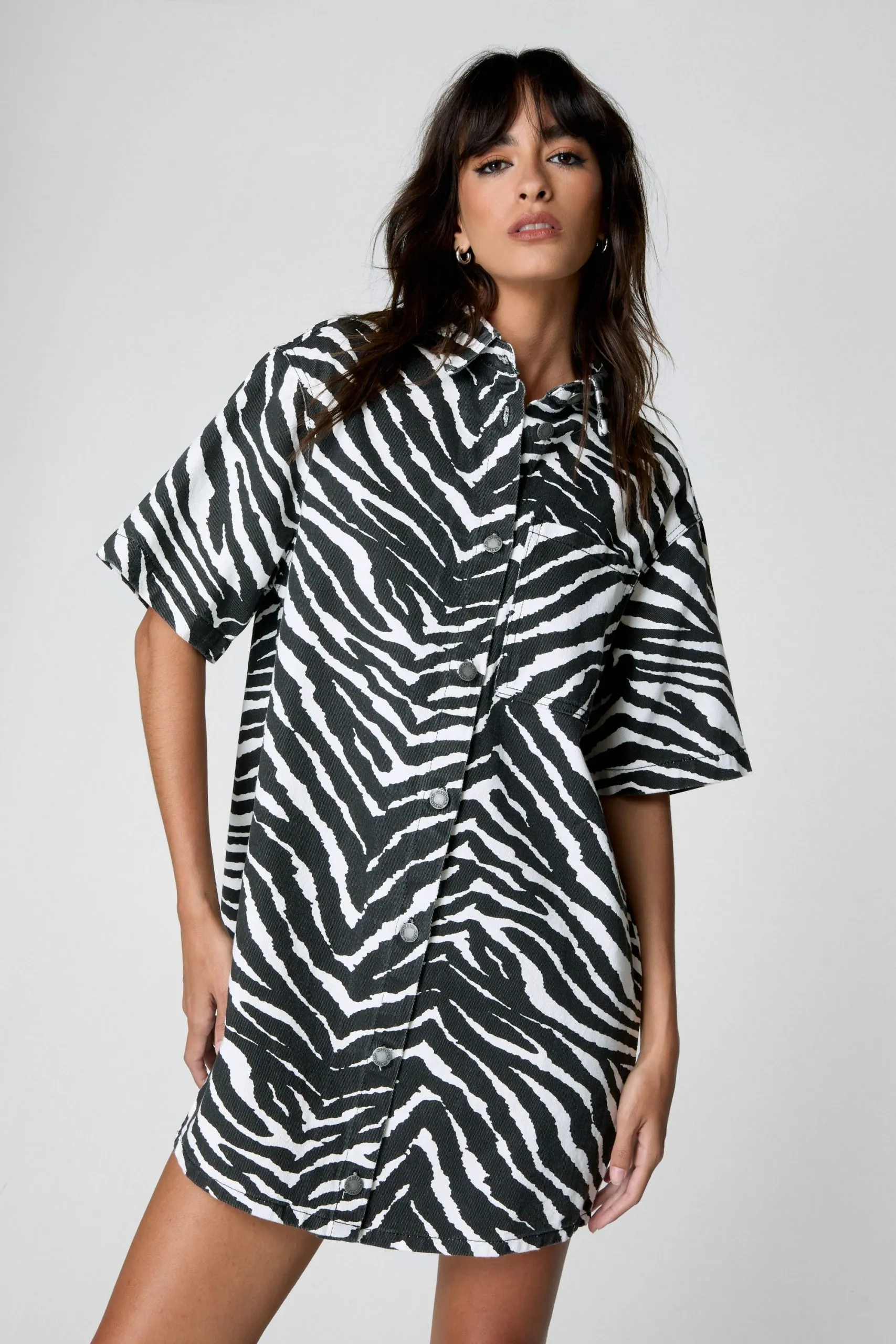 Zebra Print Denim Shirt Dress