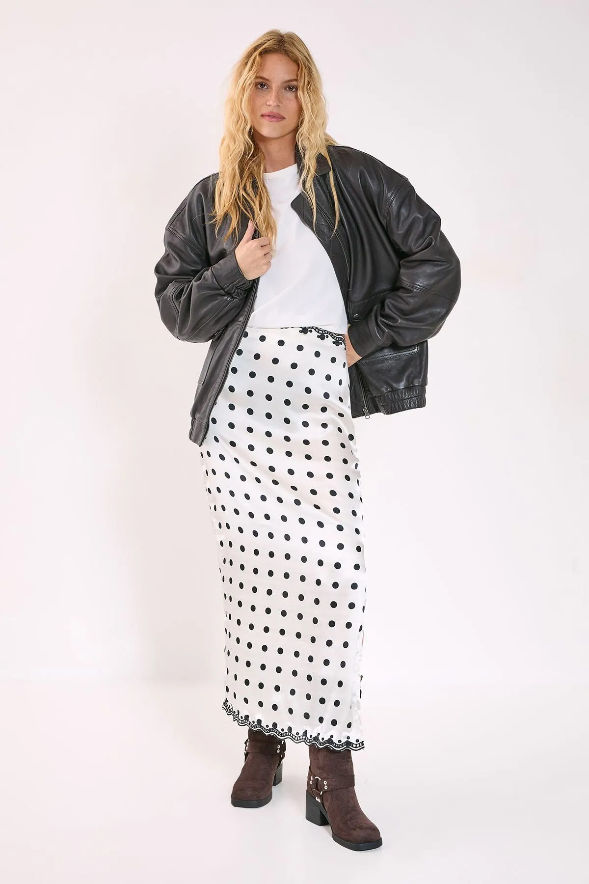 Satin Polka Dot Embroidered Split Maxi Skirt