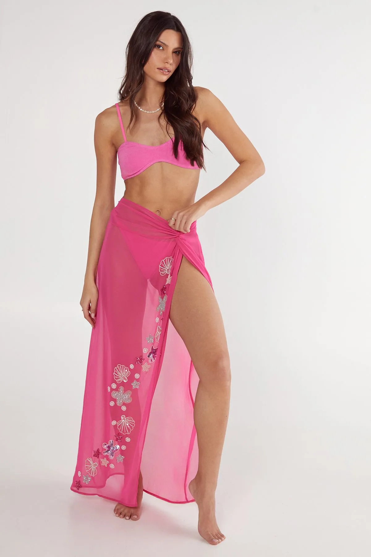 Embellished Shell Knot Front Maxi Beach Skirt