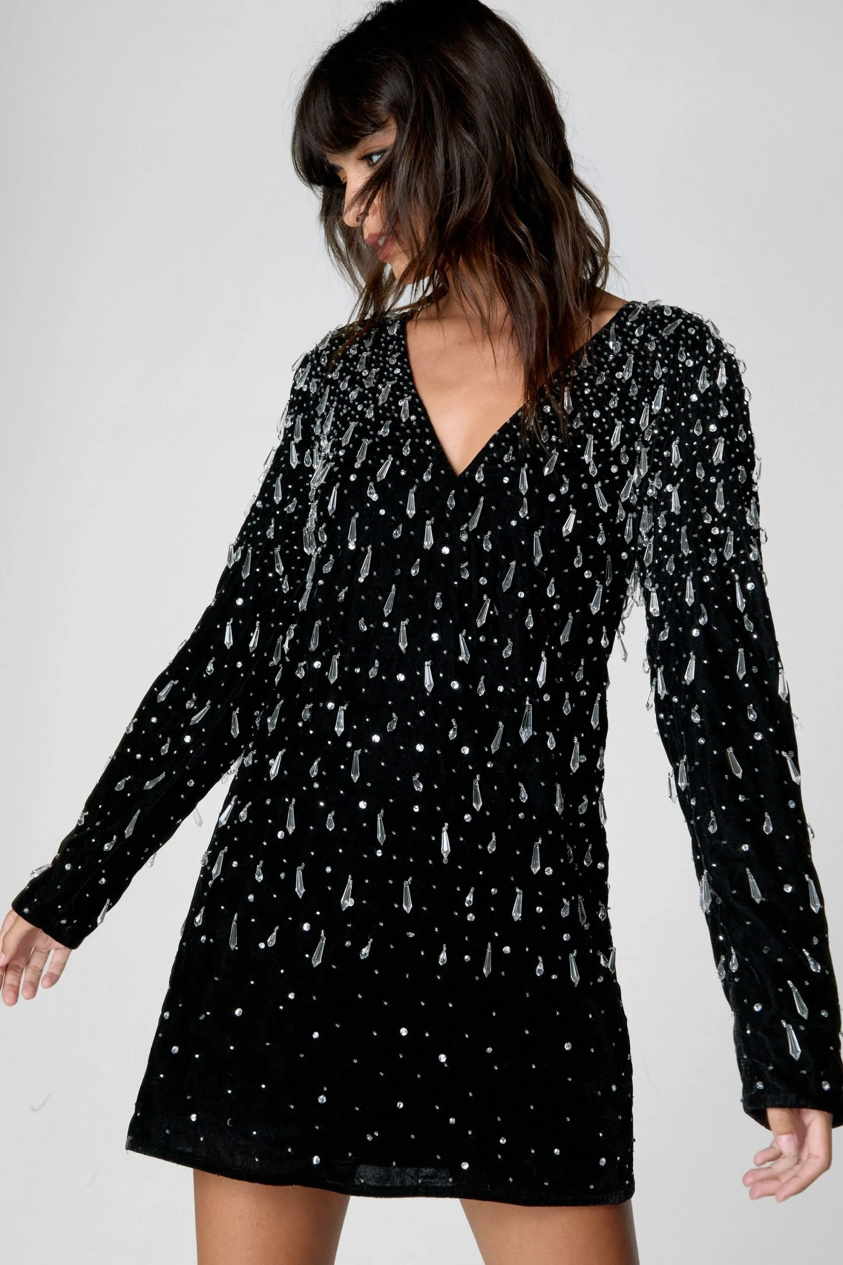 Tear Drop Embellished Velvet Plunge Dress