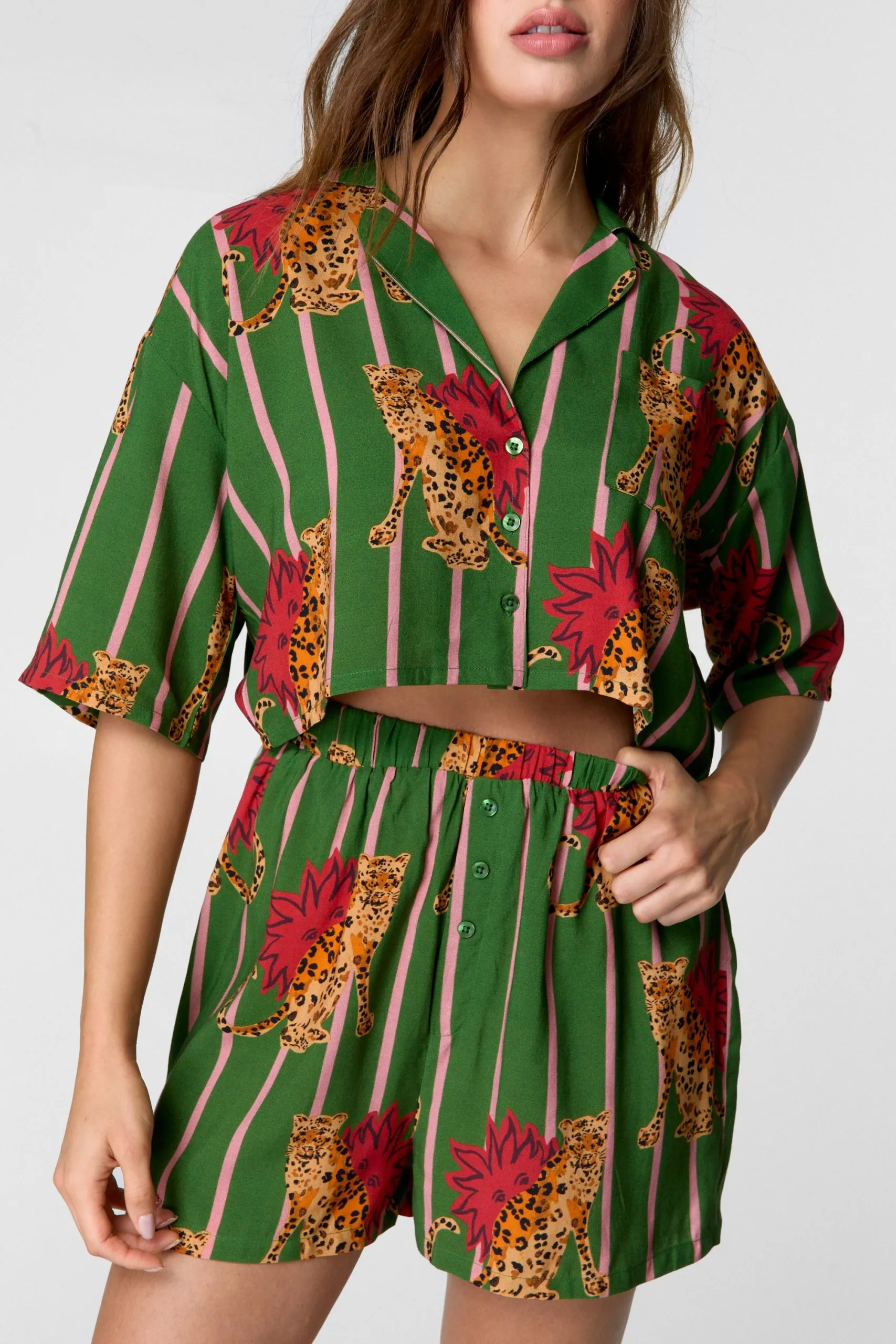 Striped Tiger Print Short Sleeve Cropped Shirt and Boxer Short Pajama Set