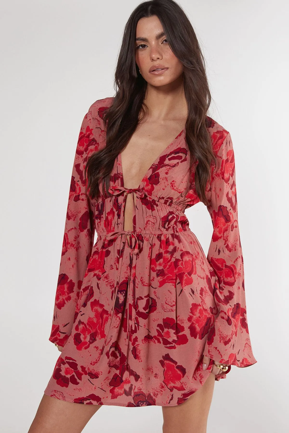 Floral Ruched Tie Front Fluted Sleeve Tunic Dress