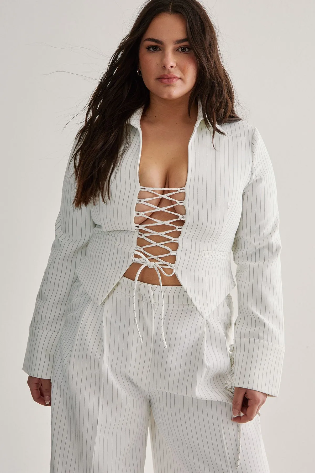 Plus Tailored Lace Front Pinstripe Jacket