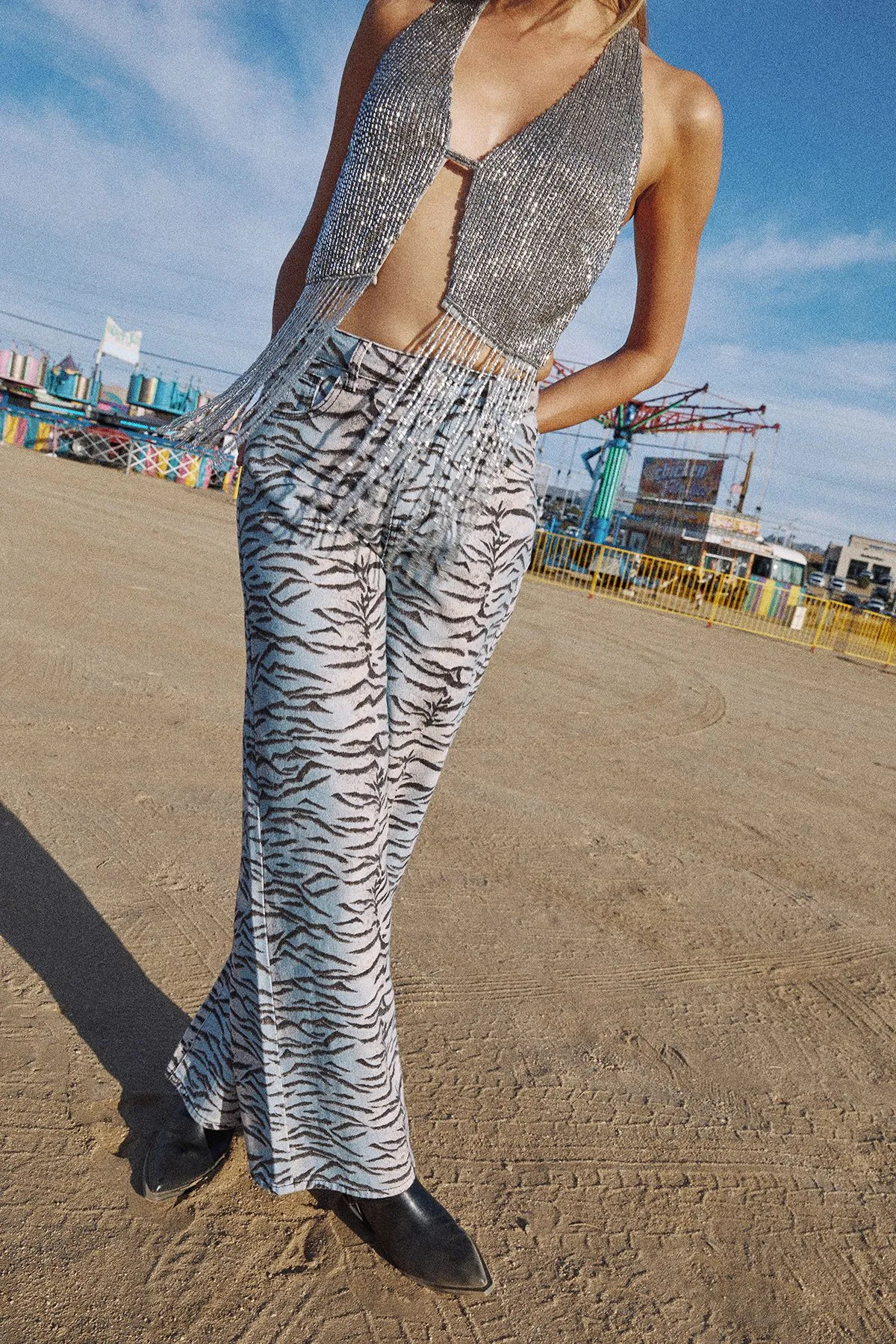 Tiger Print Denim Wide Leg Jean