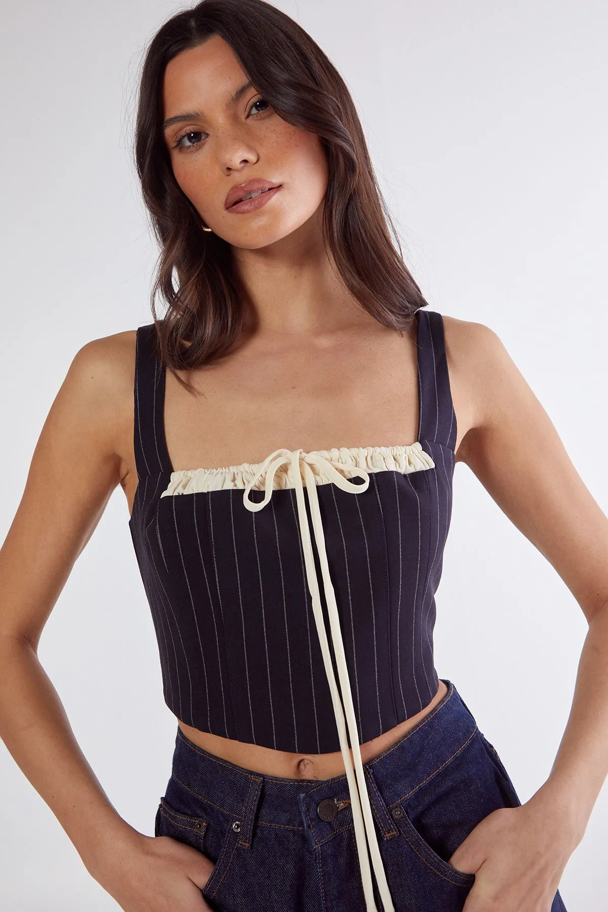 Pinstripe Contrast Bust Tailored Corset Top
