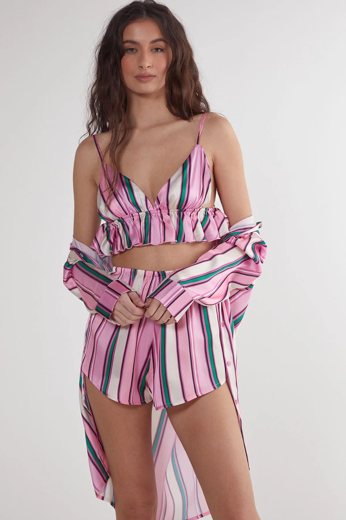 Satin Multi Stripe Ruffle 3pc Pajama Shorts Set