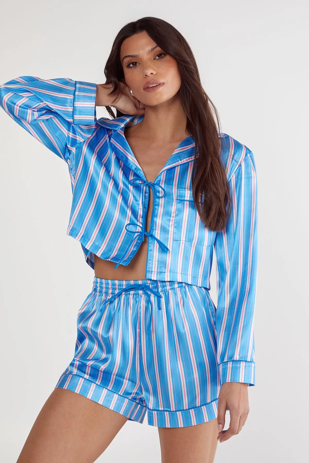 Stripe Satin Contrast Pipping Tie Front Shirt And Pajama Shorts Set