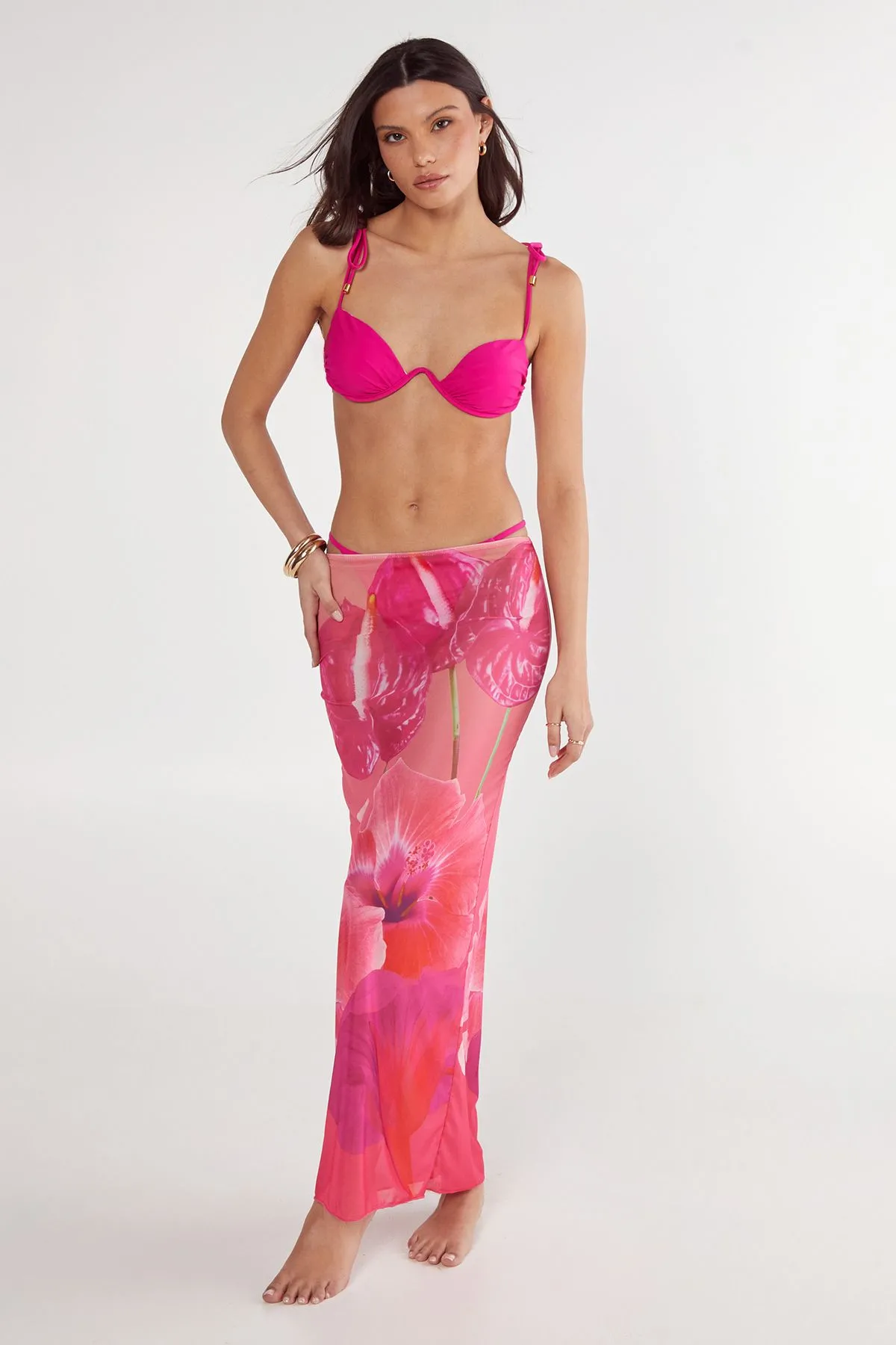 V Wire Tie Shoulder Placement Print Flower Maxi Skirt 3pc Set