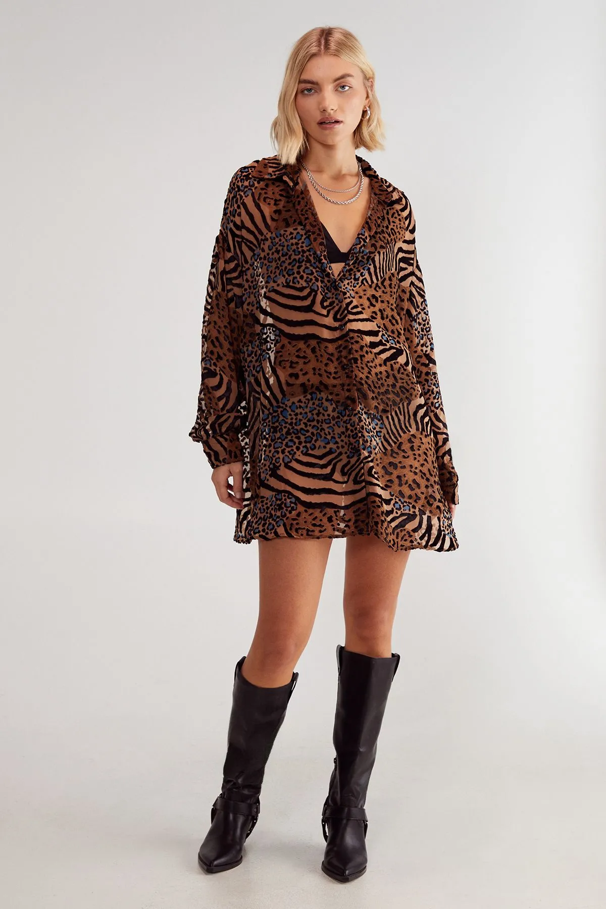 Devore Leopard Zebra Oversized Sheer Shirt
