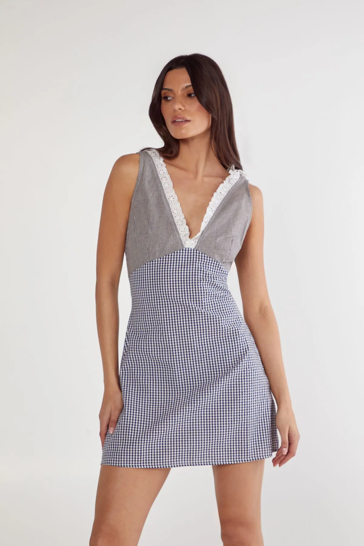 Gingham Mix Broderie Ruffle Plunge Mini Dress
