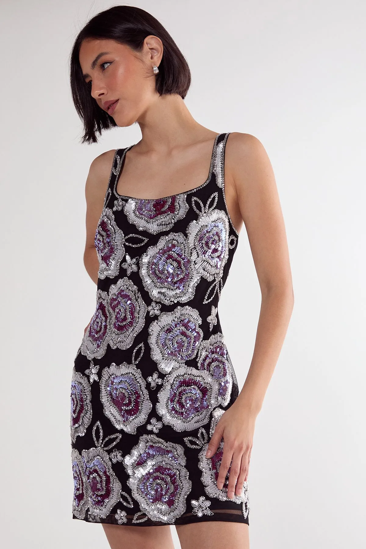 Beaded Flower Sequin Mini Dress