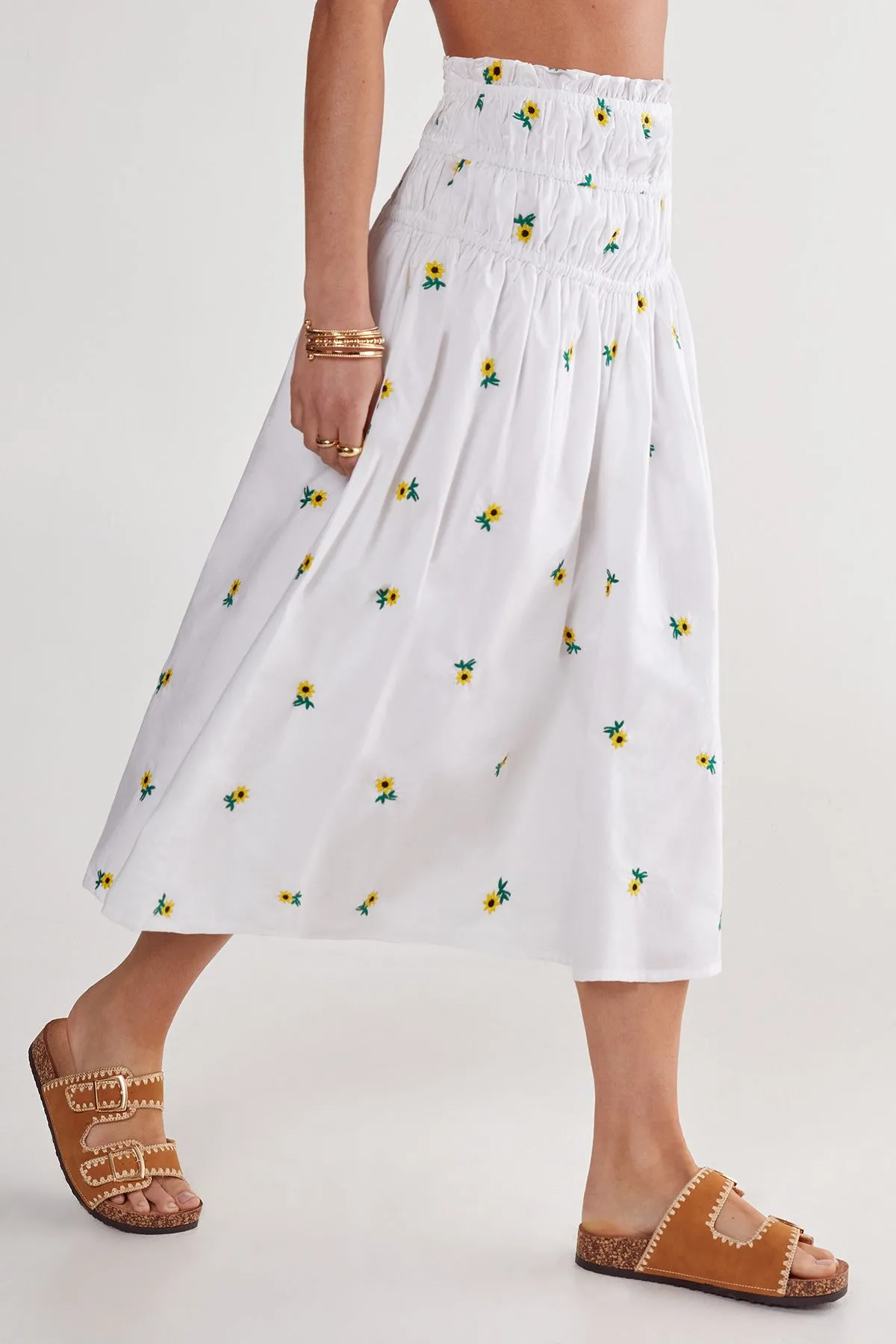 Sunflower Embroidered Ruched Midi Skirt