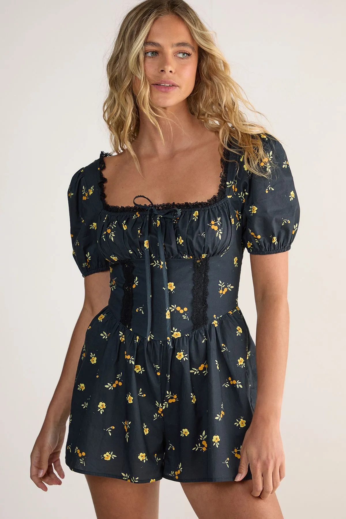 Cotton Ditsy Lace Trim Corset Puff Sleeve Romper