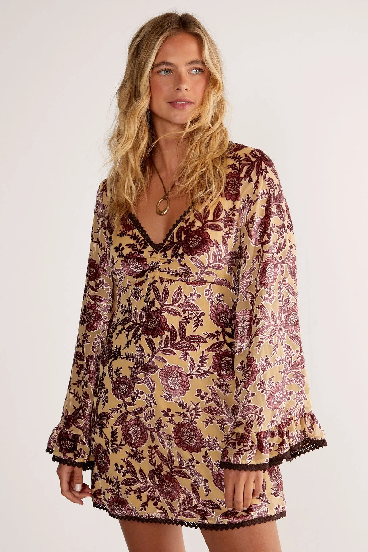 Vintage Floral Devore Lace Trim Ruffle Sleeve Mini Dress