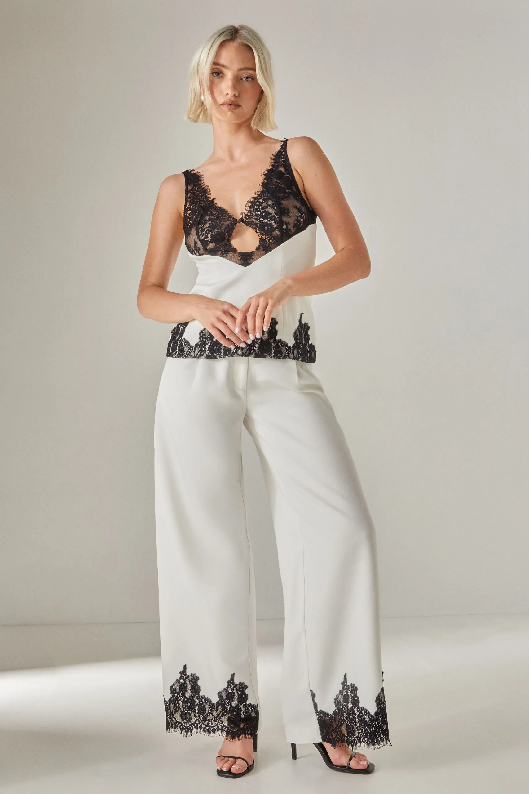 Embroidered Contrast Lace Tailored Pants