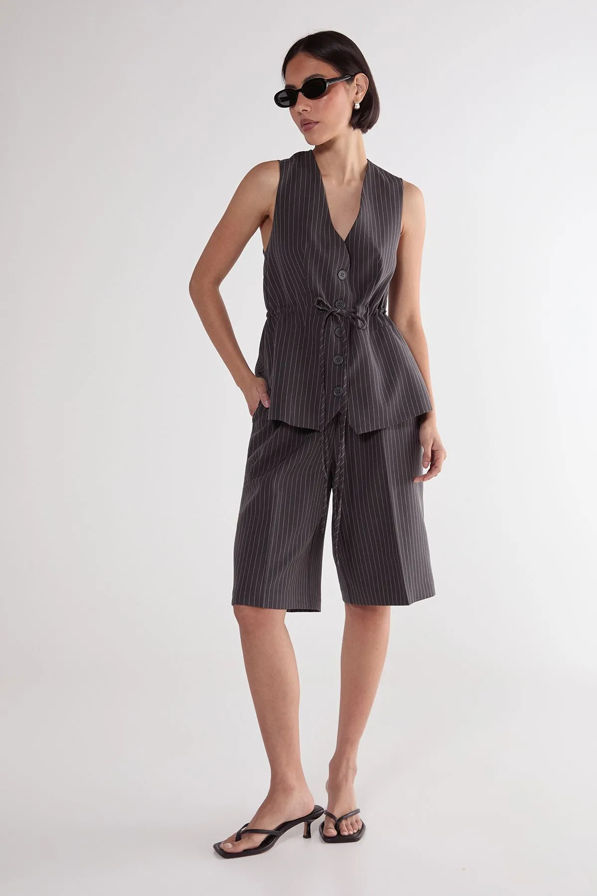 Pinstripe Tie Waist Tailored Jorts