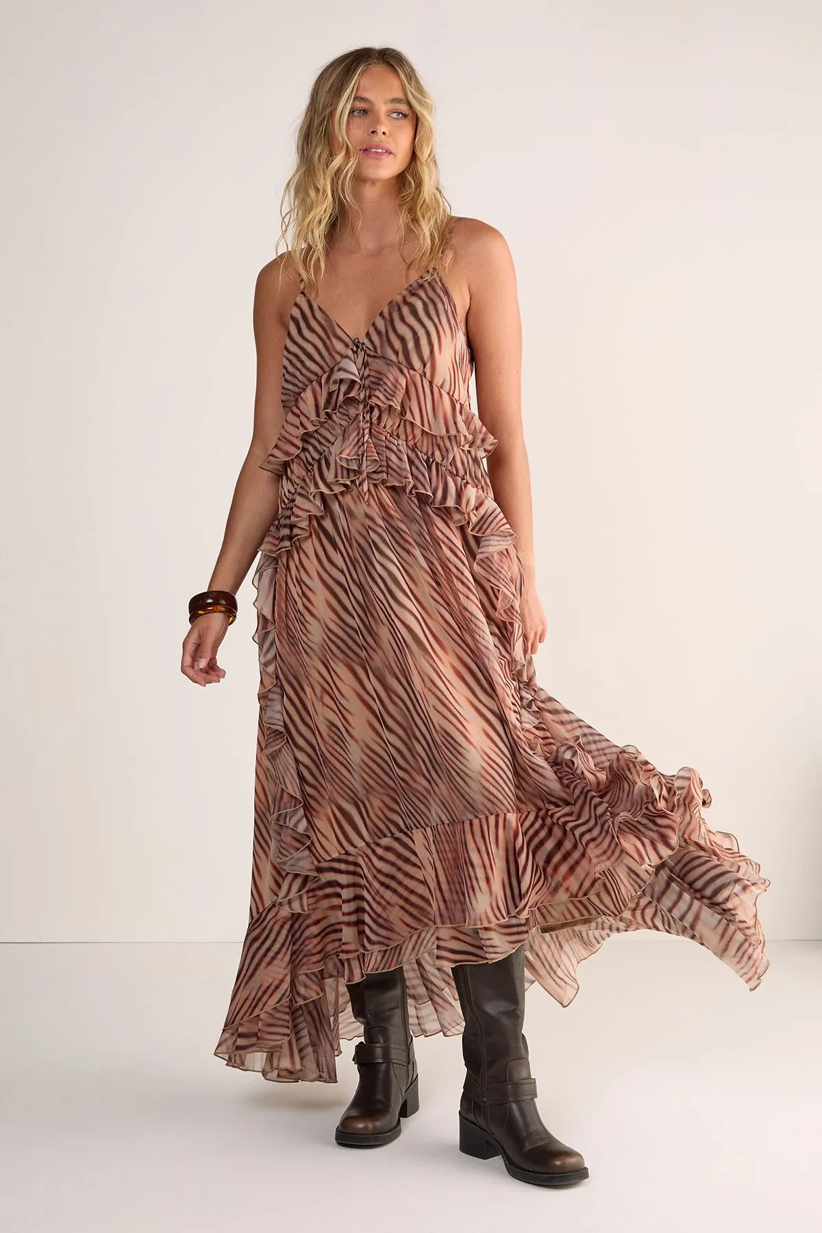 Zebra Ruffle Tie Front Maxi Dress