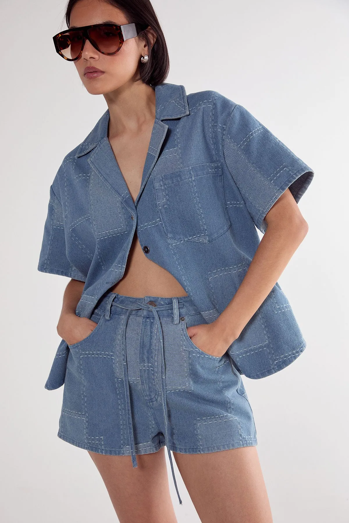 Denim Patchwork Contrast Stitch Tie Waist Shorts