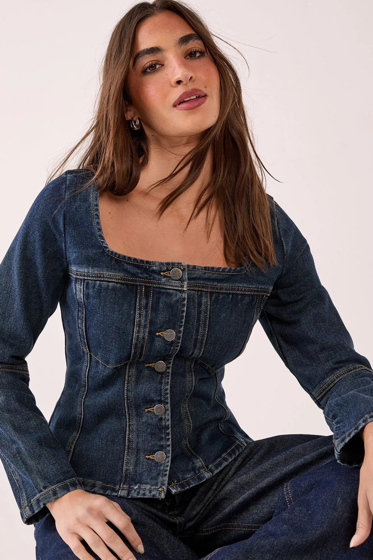 Button Through Corset Long Sleeve Denim Top