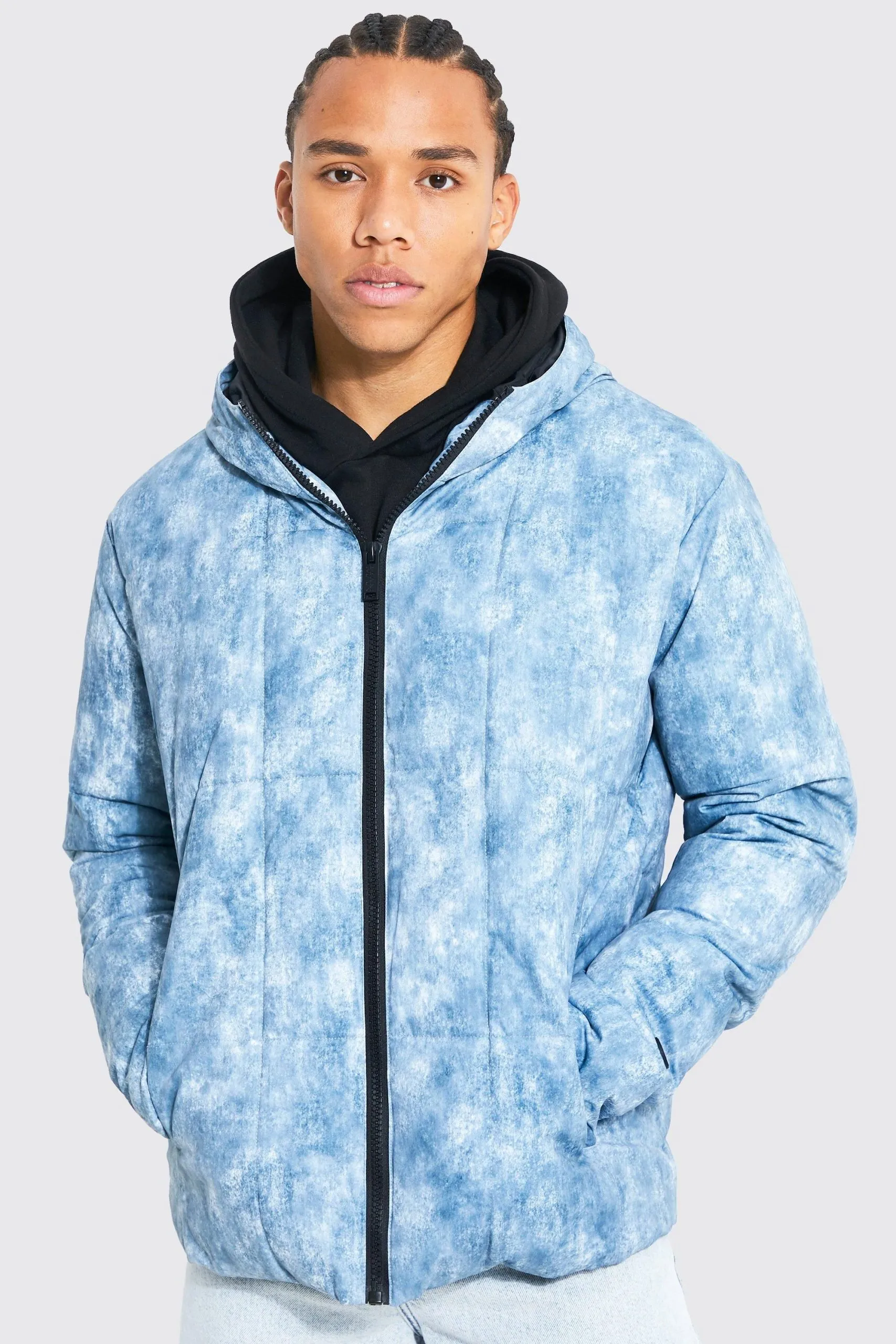 Tall Tie Dye Square Panel Hooded Puffer