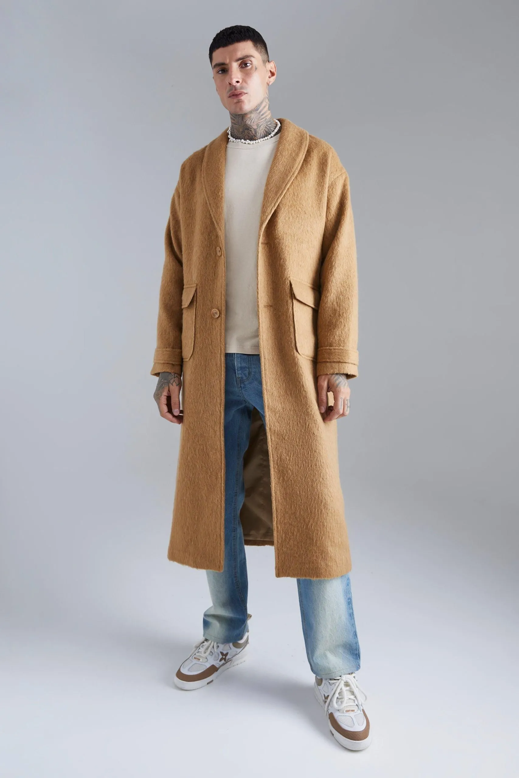 Single Breasted Brushed Wool Look Belted Overcoat
