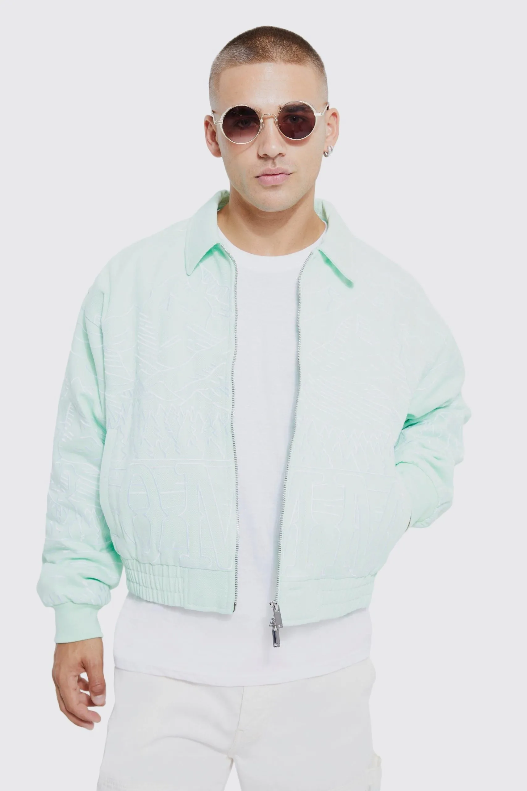 Boxy Heavy Twill Embroidered Collared Bomber Jacket